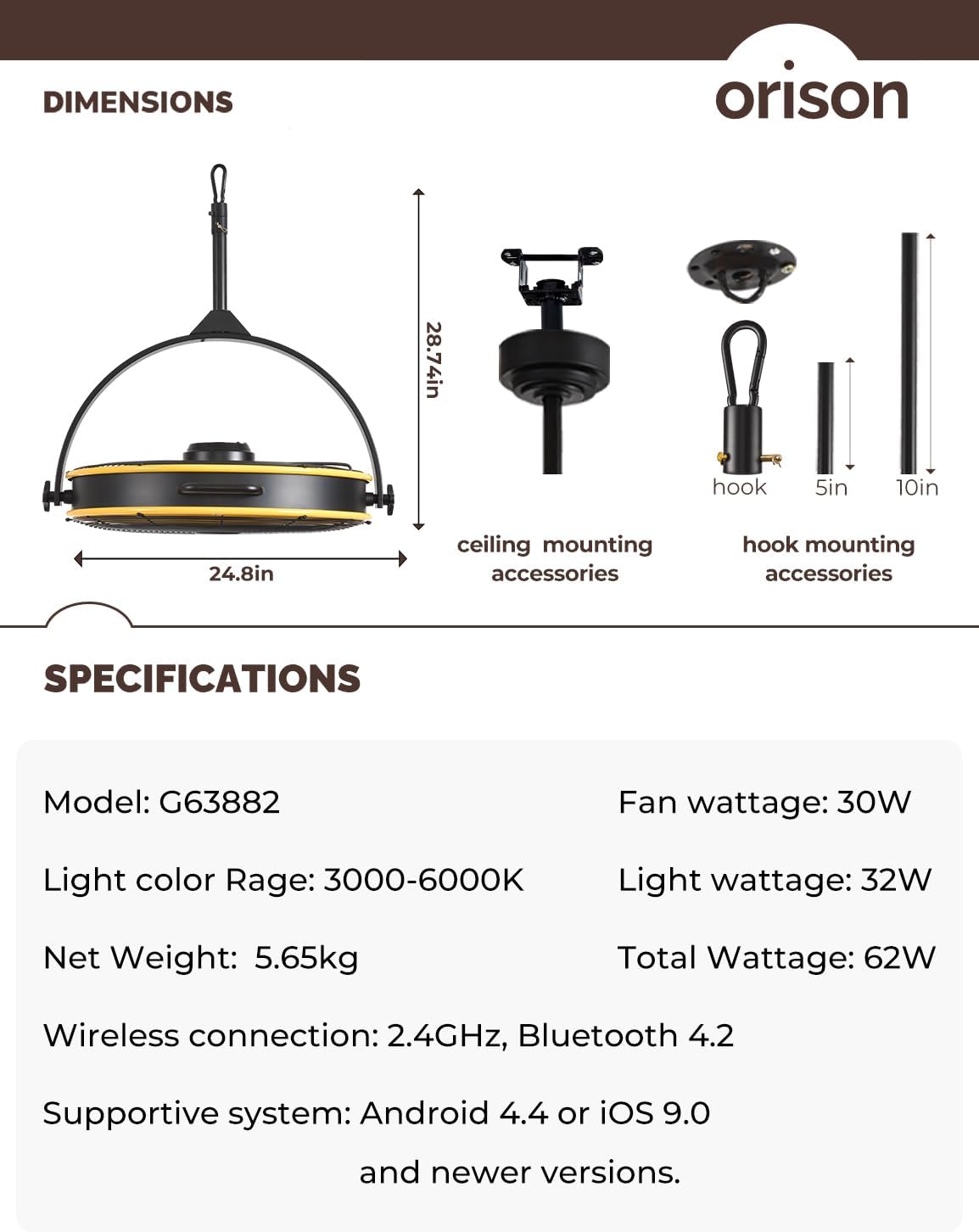 Orison 24.8'' Outdoor/Indoor Garage Ceiling Fan, 6 Speed Ceiling Mounted Plug-In Cord Garage Fan with Remote&APP, Manual Vertical Rotation, Hook hanging for Gazebo, Patio, Yellow