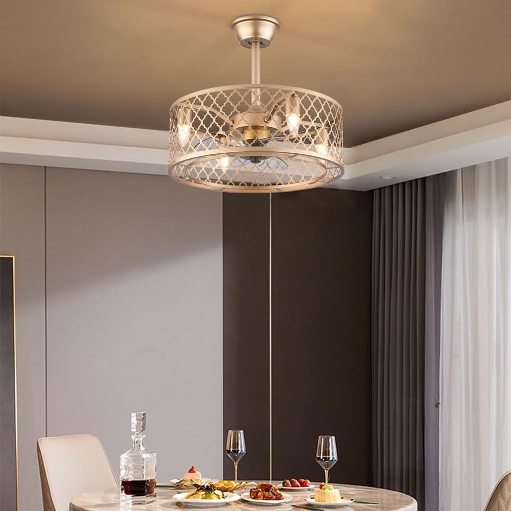 LYZAP Enclosed Ceiling Fan Indoor Remote，20inch Industrial Ceiling Fan with Lights，Gold Caged Retro Ceiling Fan Metal Bladeless，Chandelier Fan Lighting Fixture for Living Dining Room Bedroom Kitchen