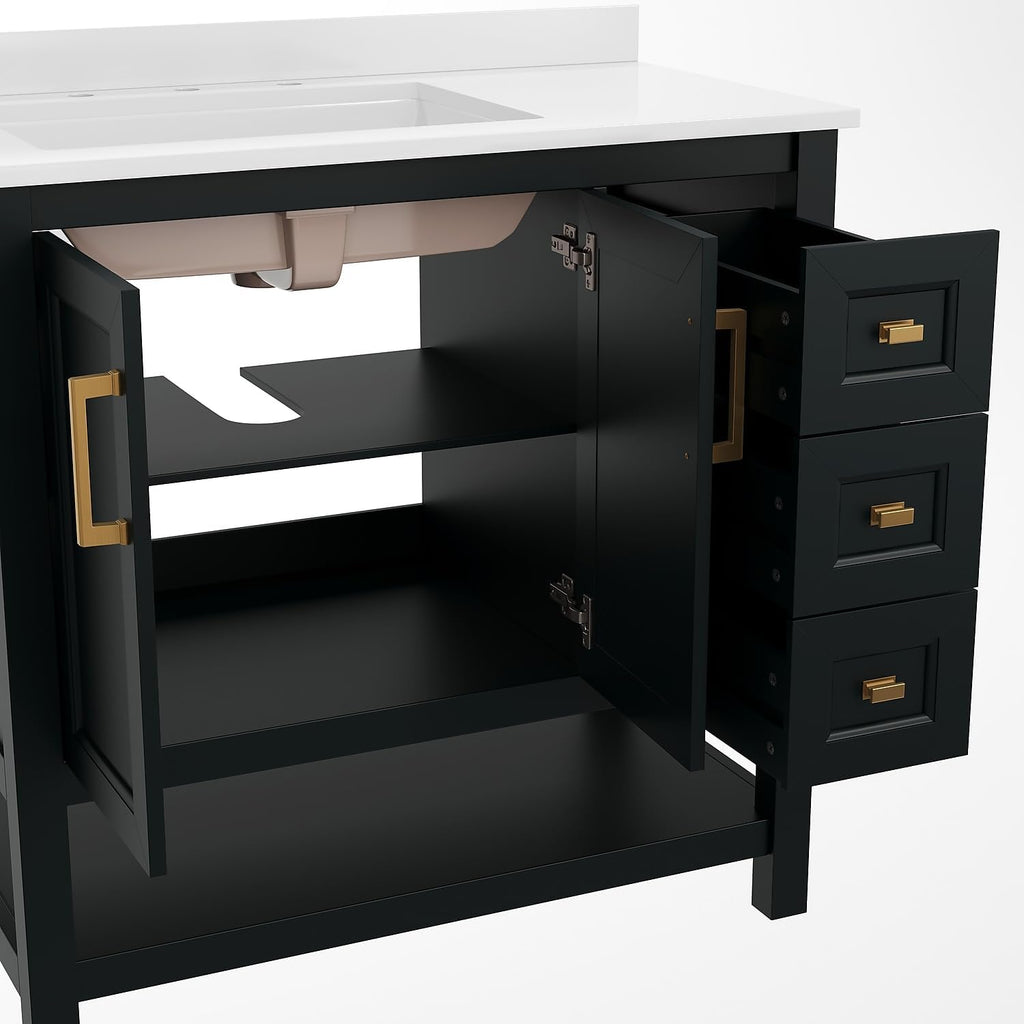 Flash Furniture Vega 36 Inch Bathroom Vanity with Sink, Storage Cabinet with Soft Close Doors, Open Shelf and 3 Drawers, Carrara Marble Finish Countertop, Black/Gold