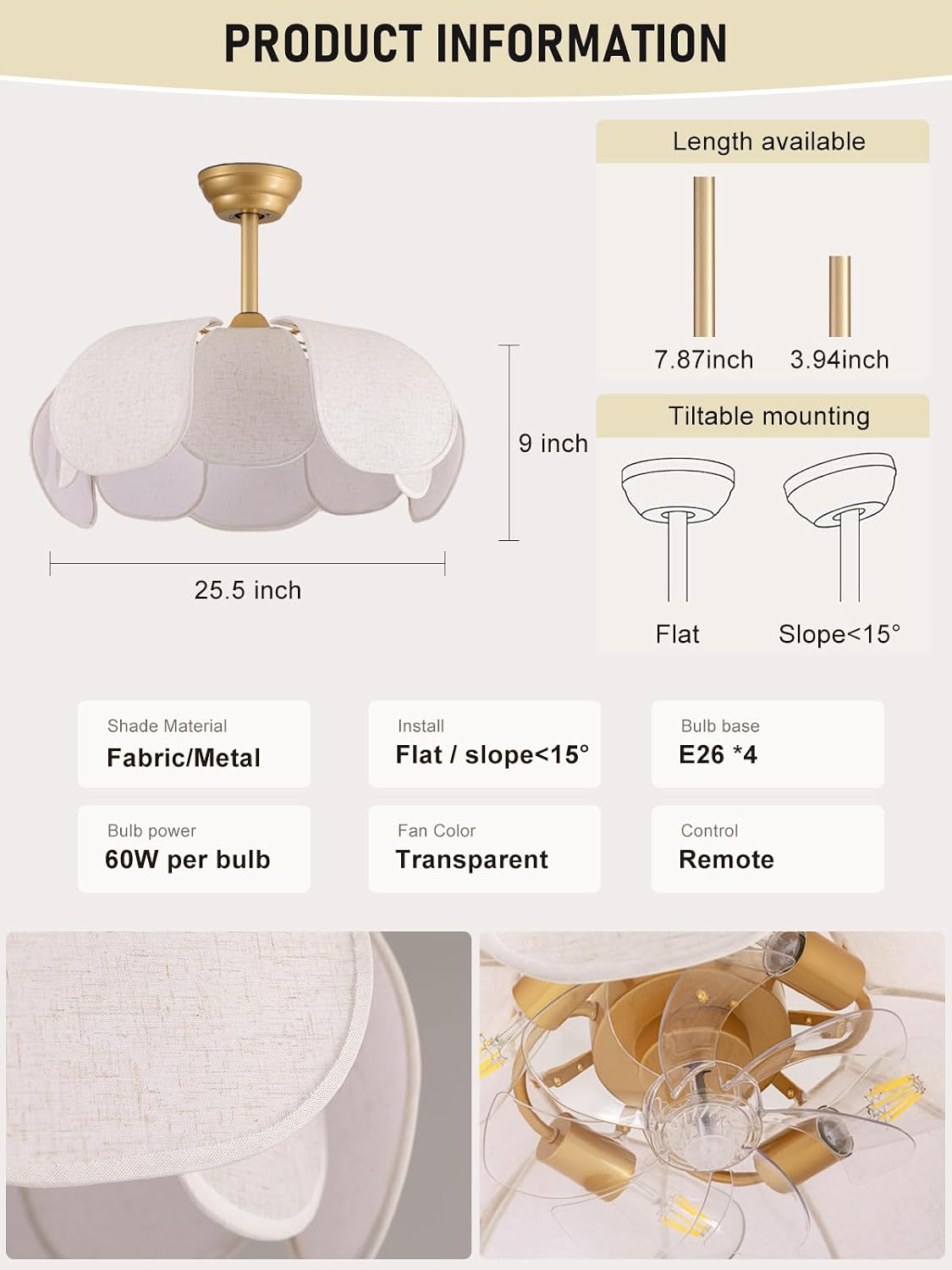 Boho Ceiling Fans with Lights,Flower Chandelier Ceiling Fan with Light and Remote Control，Rattan Coastal Fandelier for Bedroom, Living Room,Foyer(26 Inch,6 Speed, Timing Adjustable Height)