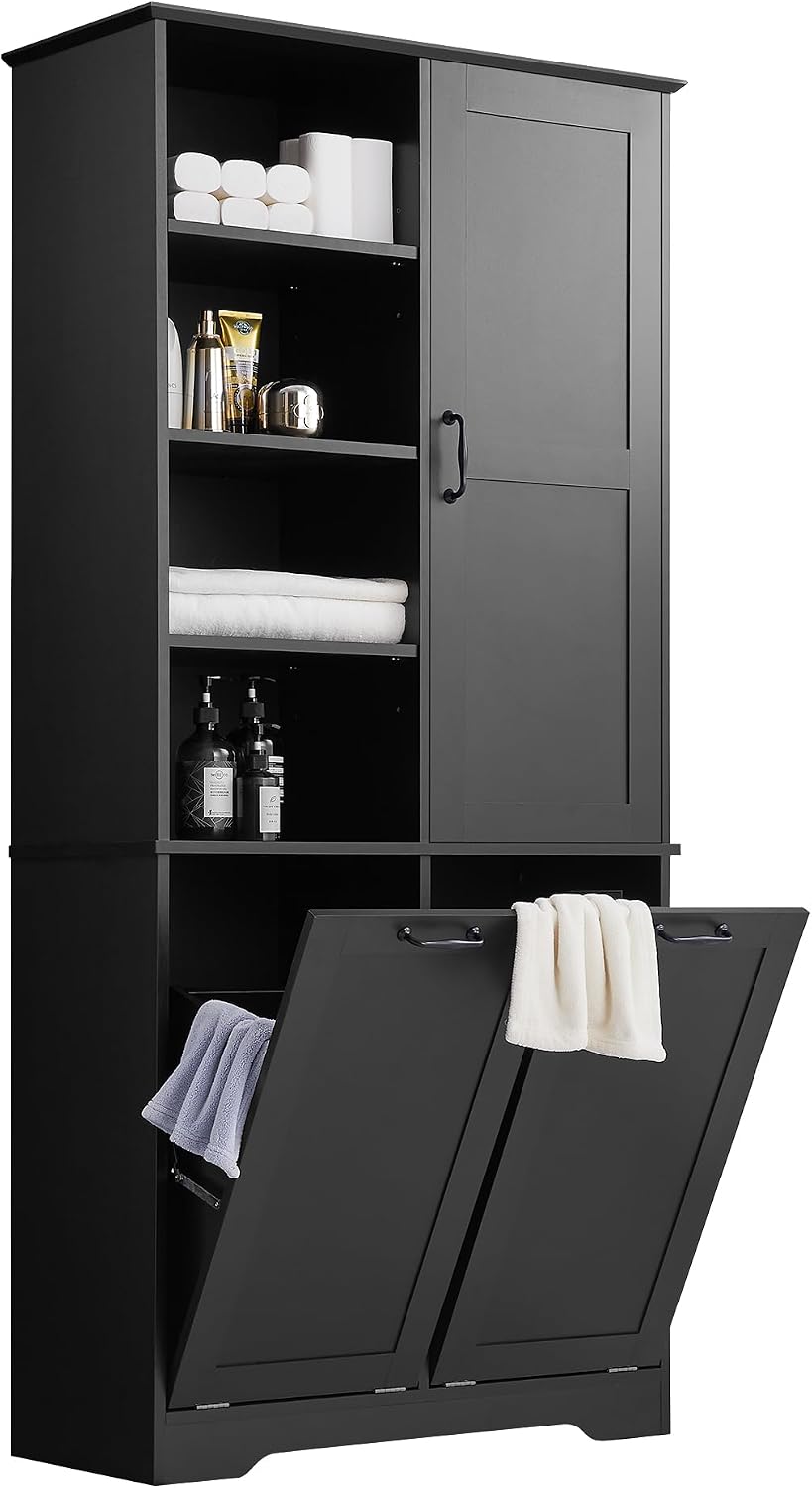 Merax Cabinet with Tilt-Out Laundry Hamper Basket, Tall Bathroom Storage Organizer Linen with Open Shelf for Home, Freestanding, Black