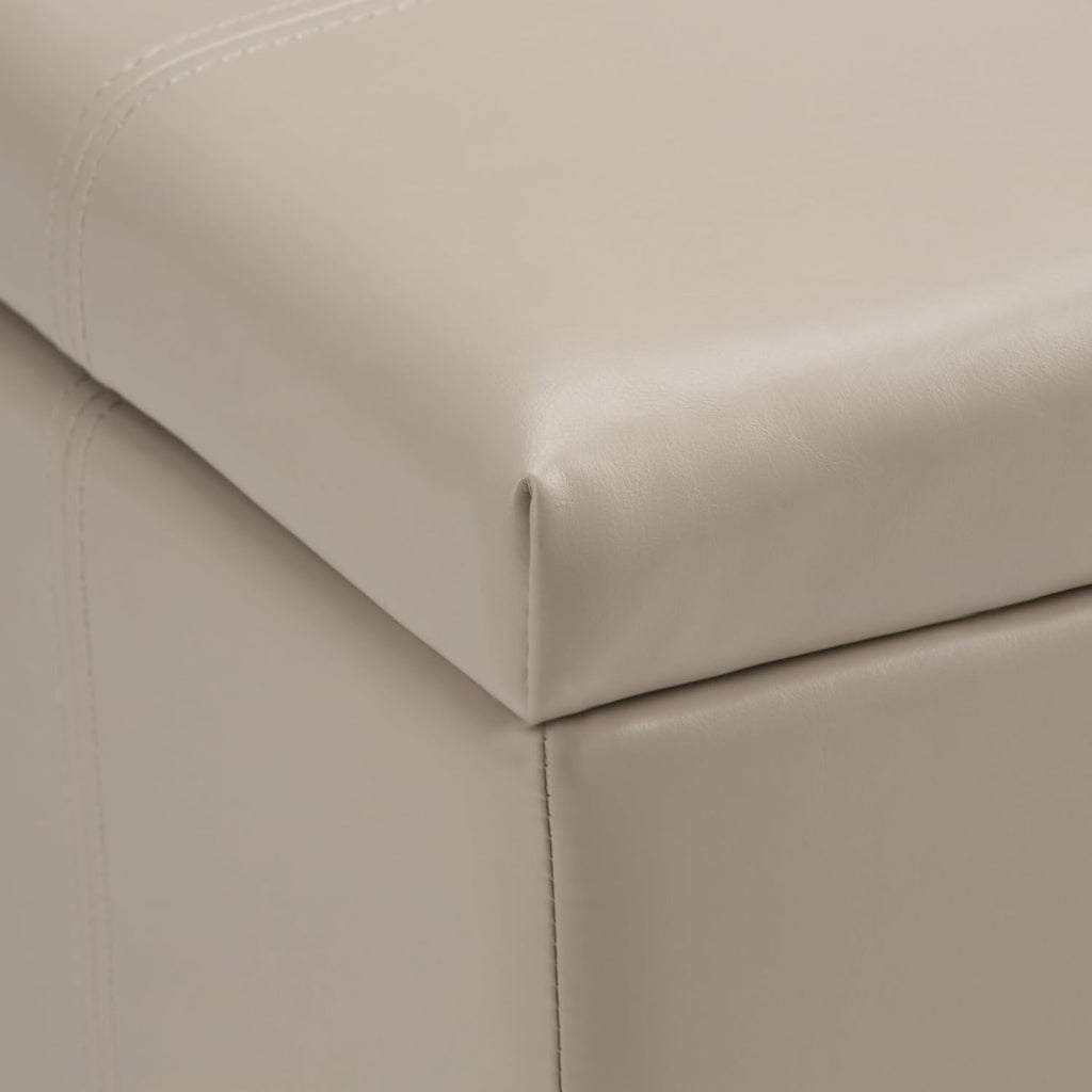 SIMPLIHOME Dover Storage Ottoman Bench - 36 inch Wide Upholstered Vegan Leather Rectangular Lift-Top Ottoman in Satin Cream, Contemporary Bench for Living Room with Safety Hinges