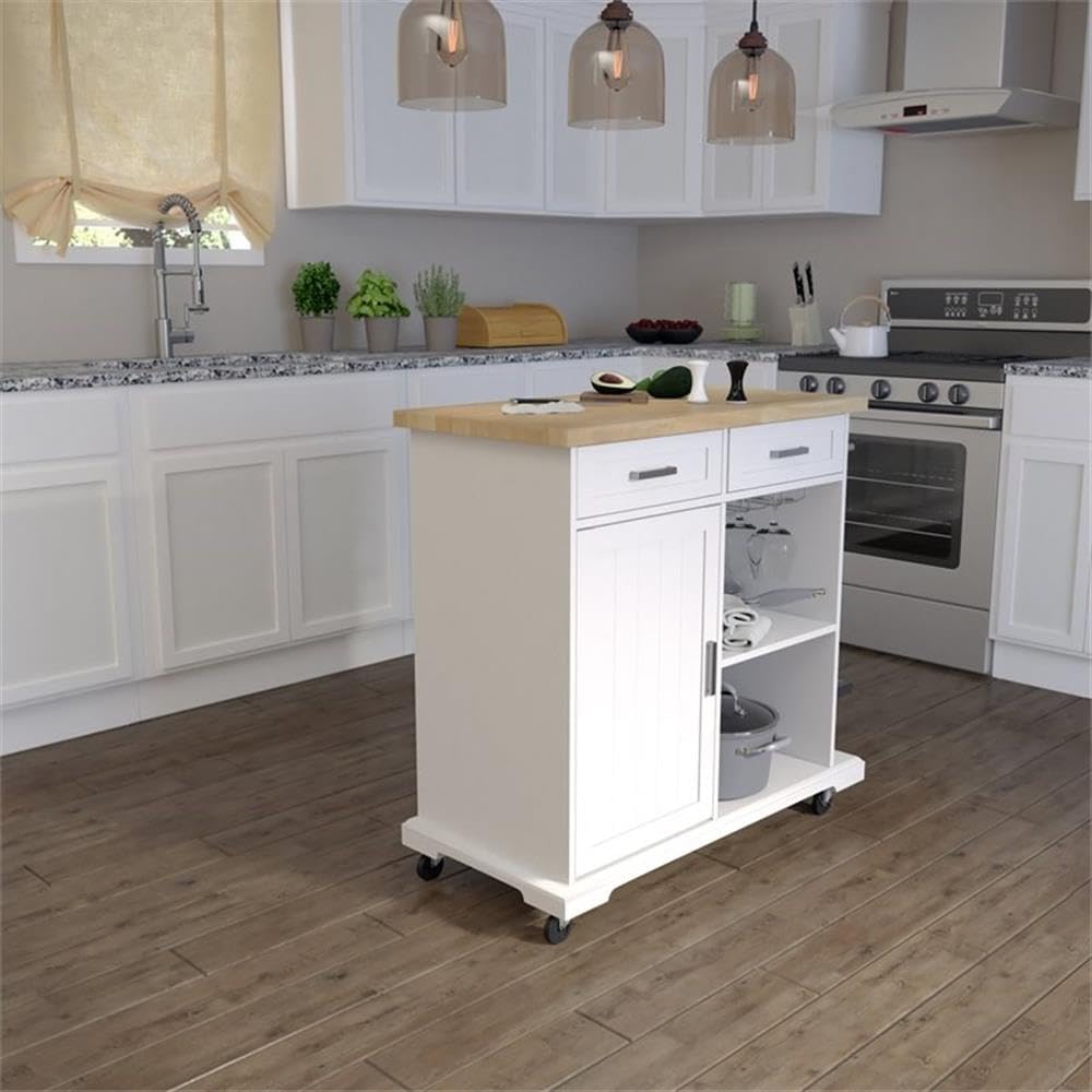 SEI Furniture - Warkin Rolling Kitchen Island with Storage - Transitional Design, White Glass and Wood - Ideal for Kitchen, Dining Room (KA1133961)