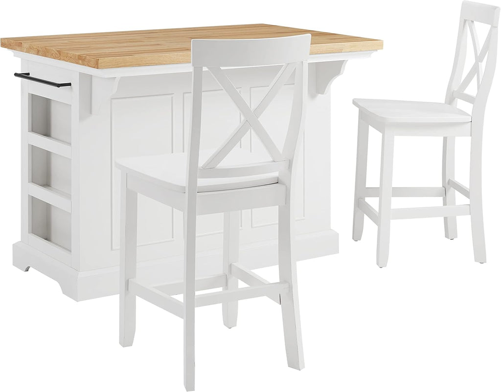Crosley Furniture Julia Wood Top Island with Storage, Coffee Bar, and a Set of 2 X-Back Stools, White