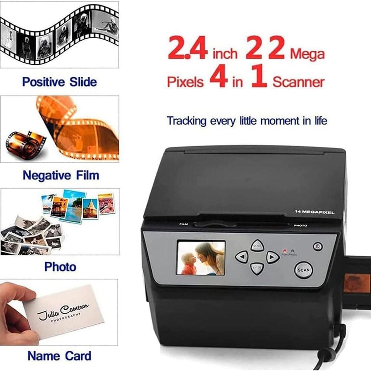 Multifunctional Digital Film Photo Scanner, Slide Negative Scanner with 5 Inch LCD Screen, Converts 135 Film/35mm Slide/110 Film/Photo/Document/Business Card to Digital JPG Files