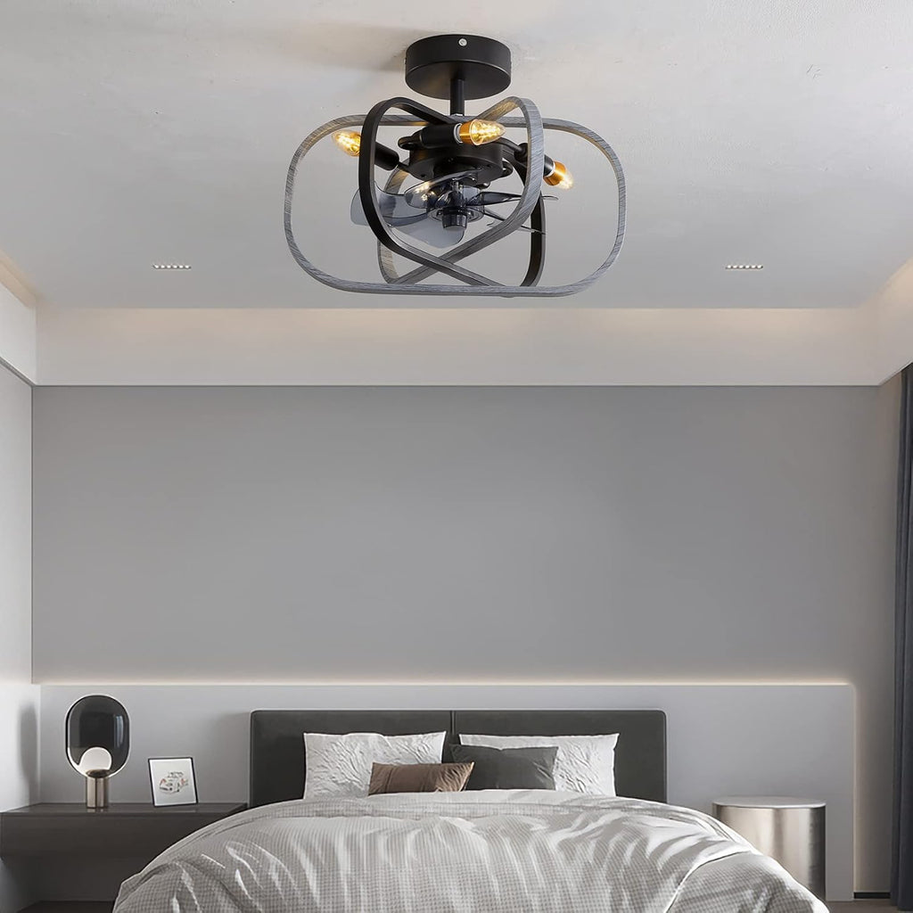 Chandelier,Retro Ceiling Fans with Lights and Remote Metal Cage Fan Chandeliers Ceiling Light Quiet DC Reversible 6 Speed Industrial Ceiling Fan with Lighting Winter Summer Pattern