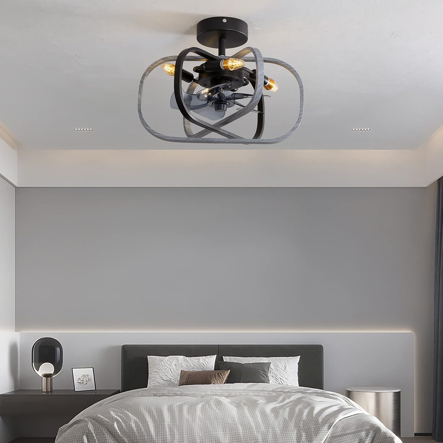 Chandelier,Retro Ceiling Fans with Lights and Remote Metal Cage Fan Chandeliers Ceiling Light Quiet DC Reversible 6 Speed Industrial Ceiling Fan with Lighting Winter Summer Pattern