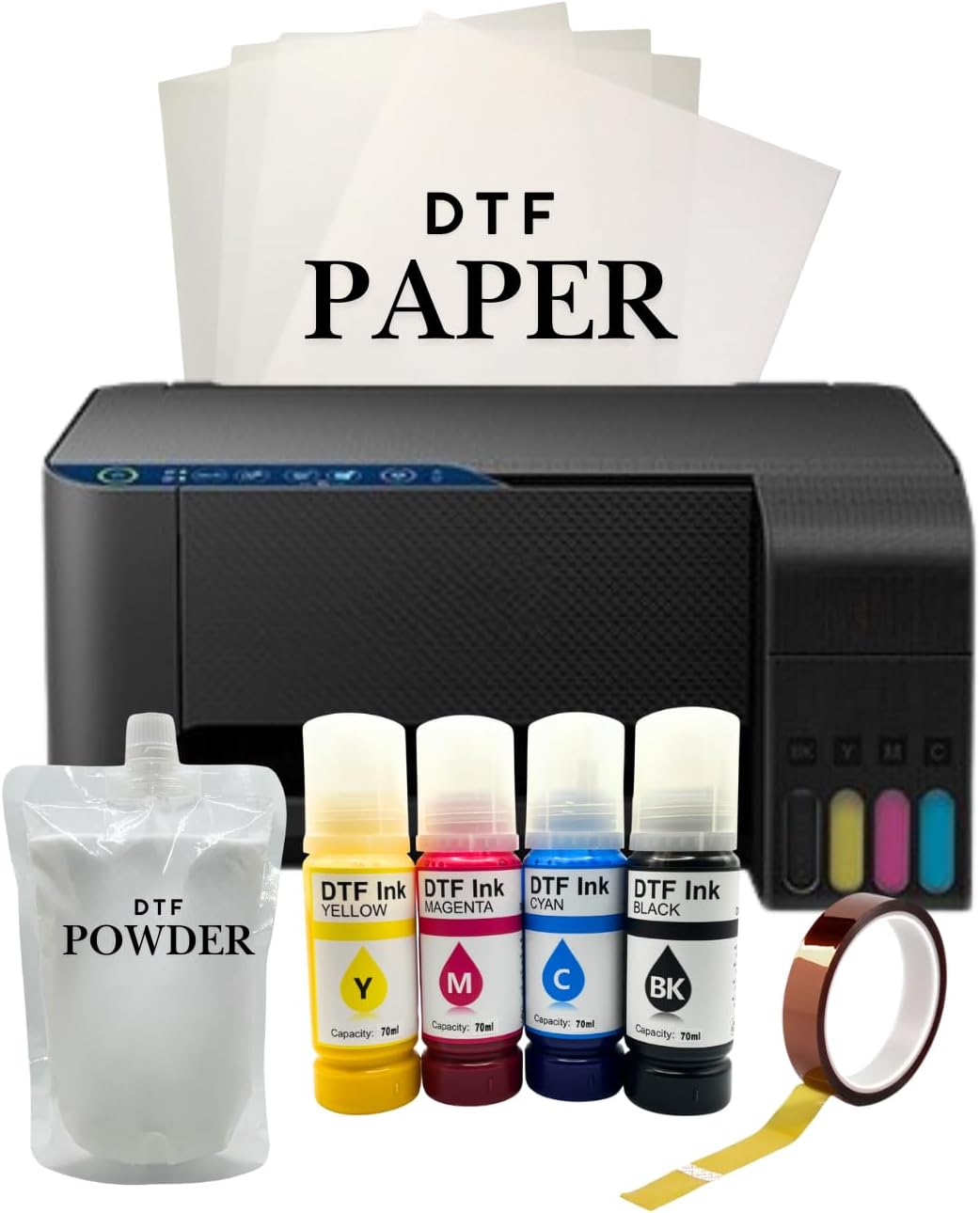 Super-Tank DTF T-Shirt Printer with DTF Ink and Powder Pack for Heat Transfers, Easy Filling, Built-in Scanner and Copier - New, Medium DTF Conversion Printer