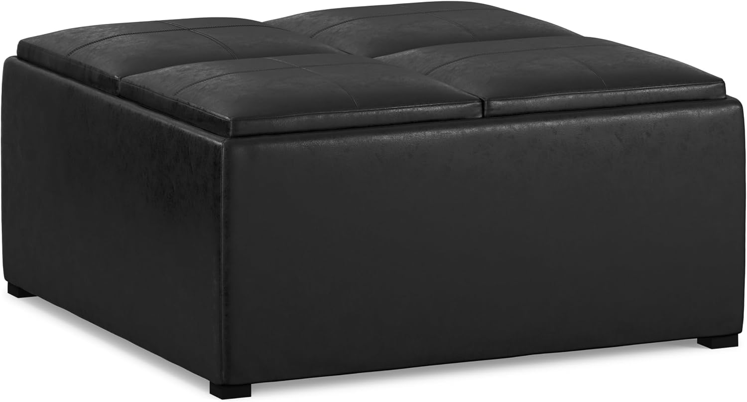 SIMPLIHOME Avalon Wide Contemporary Square Coffee Table Storage Ottoman, Distressed Black, Table Ottoman