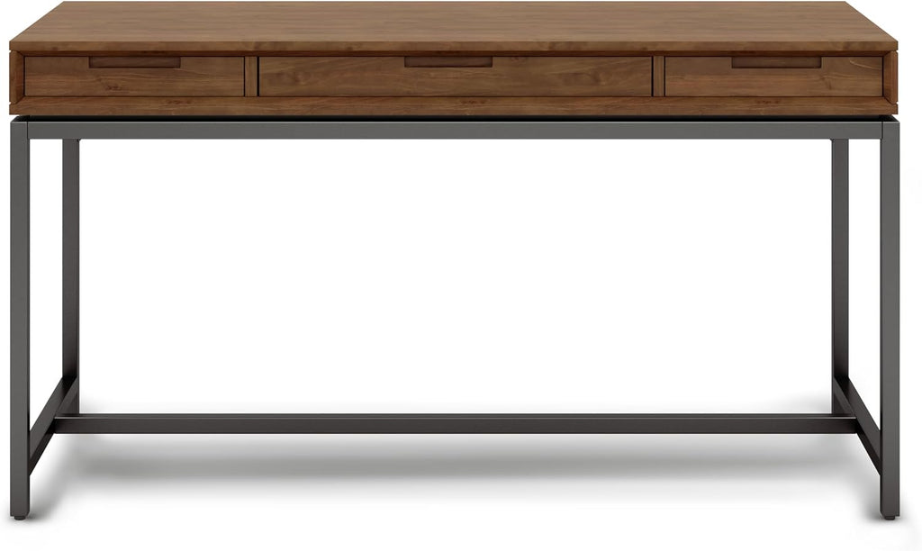 SIMPLIHOME Banting Desk - 60 Inch Wide Solid Wood and Metal Writing Desk in Medium Saddle Brown, Modern Industrial Home Office Computer Table for Study with 2 Drawers and Flip-Down Keyboard Tray