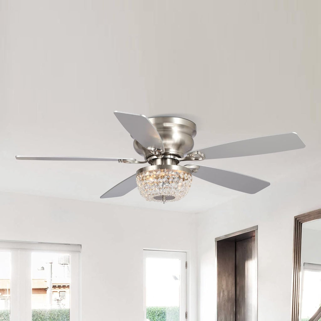 48 Inch Low Profile Ceiling Fan with Light: Farmhouse Caged Fandelier, Crystal Flush Mount Ceiling Fan with Remote, Indoor/Outdoor Use for Patios Living Room Bedroom, Silver