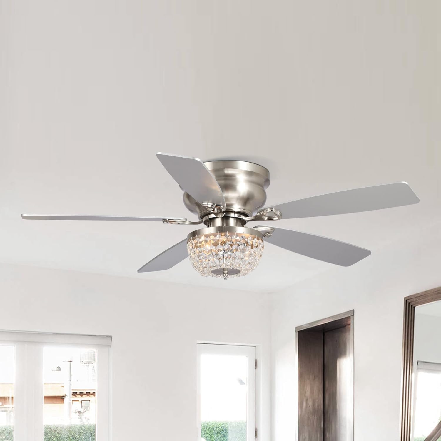 48 Inch Low Profile Ceiling Fan with Light: Farmhouse Caged Fandelier, Crystal Flush Mount Ceiling Fan with Remote, Indoor/Outdoor Use for Patios Living Room Bedroom, Silver
