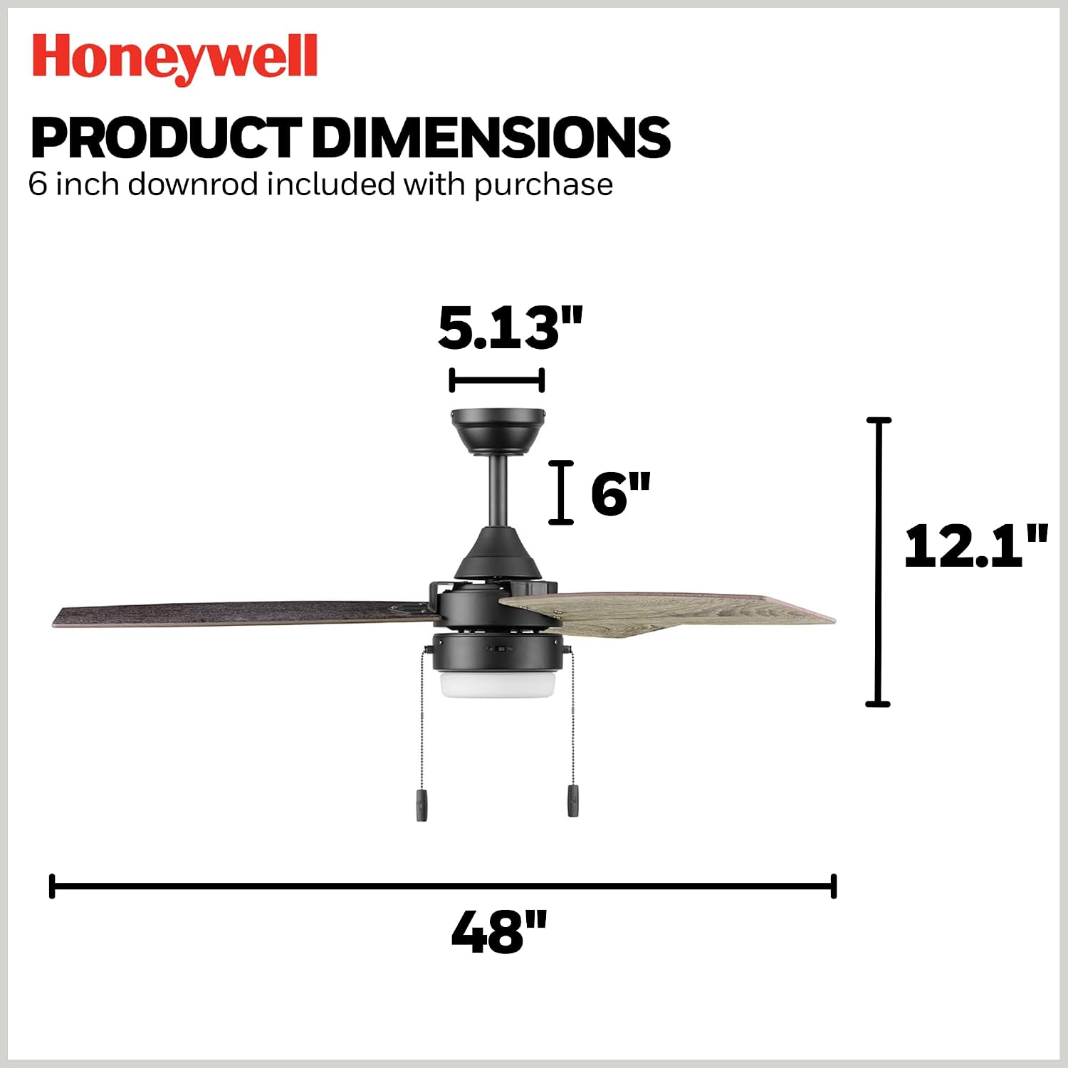 Honeywell Ceiling Fans Berryhill, 48 Inch Ceiling Fan with Color Changing LED Light, Pull Chain, Dual Mounting Options, 3 Dual Finish Blades, Reversible Airflow - 51858-01 (Matte Black)