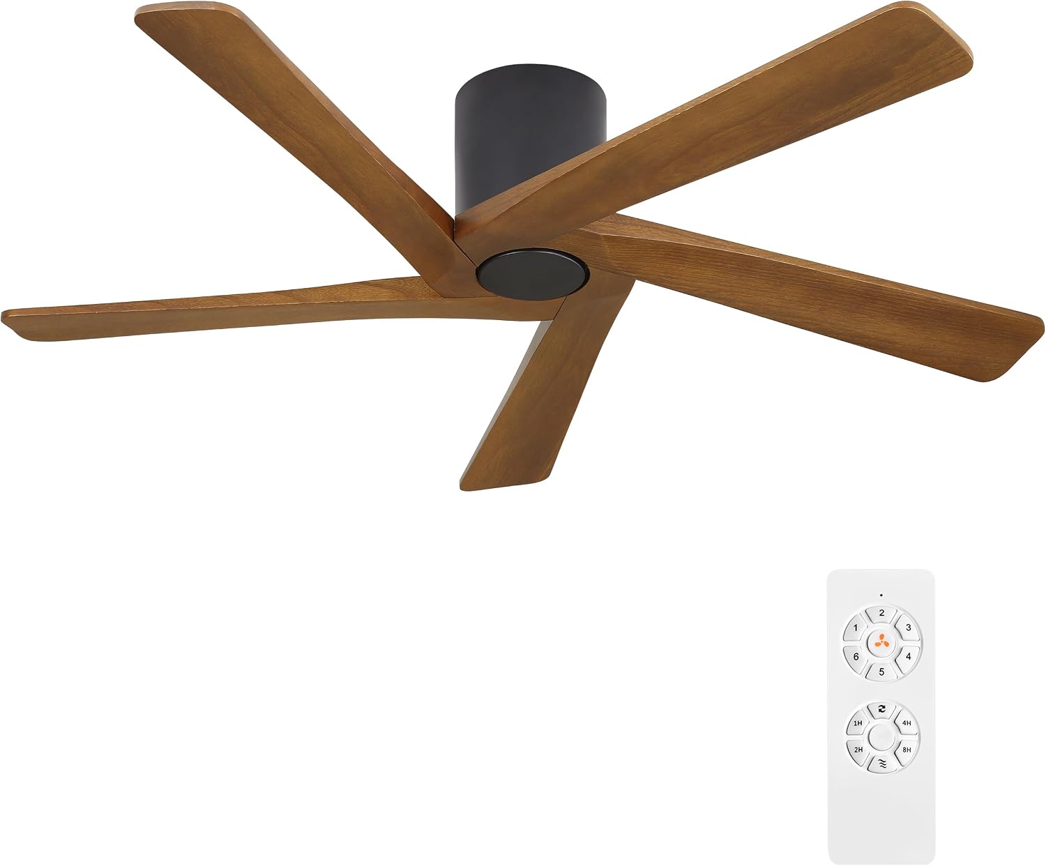 WINGBO 48 Inch Flush Mount DC Ceiling Fan without Lights, 5 Reversible Carved Wood Blades, 6-Speed Noiseless DC Motor, Hugger Ceiling Fan No Lights in Matte Black Finish with Walnut Blades, ETL Listed
