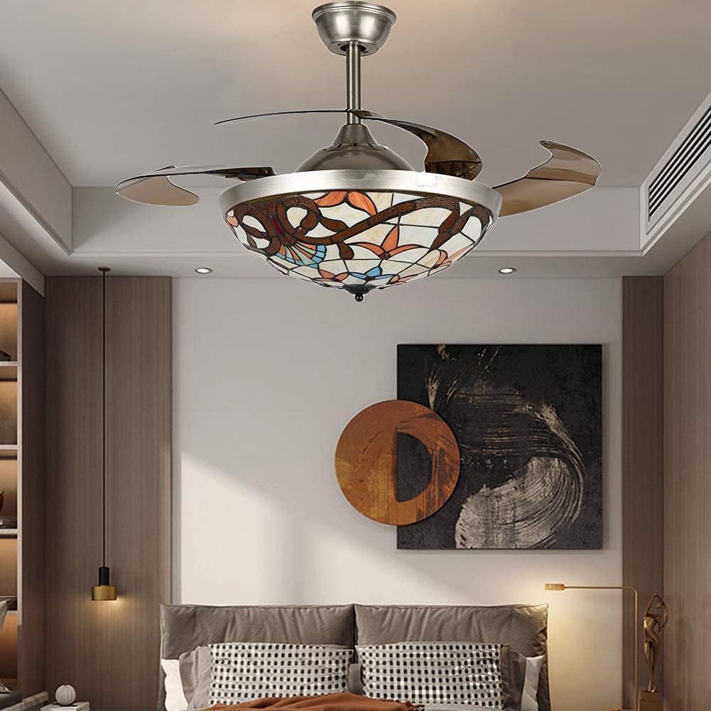 Fandian 42' Ceiling Fan with Lights Remote Control Modern Retractable Chandelier, 3 Color Lighting with Stained Glass shade Fandeliers Fixtures for Living/Bedroom