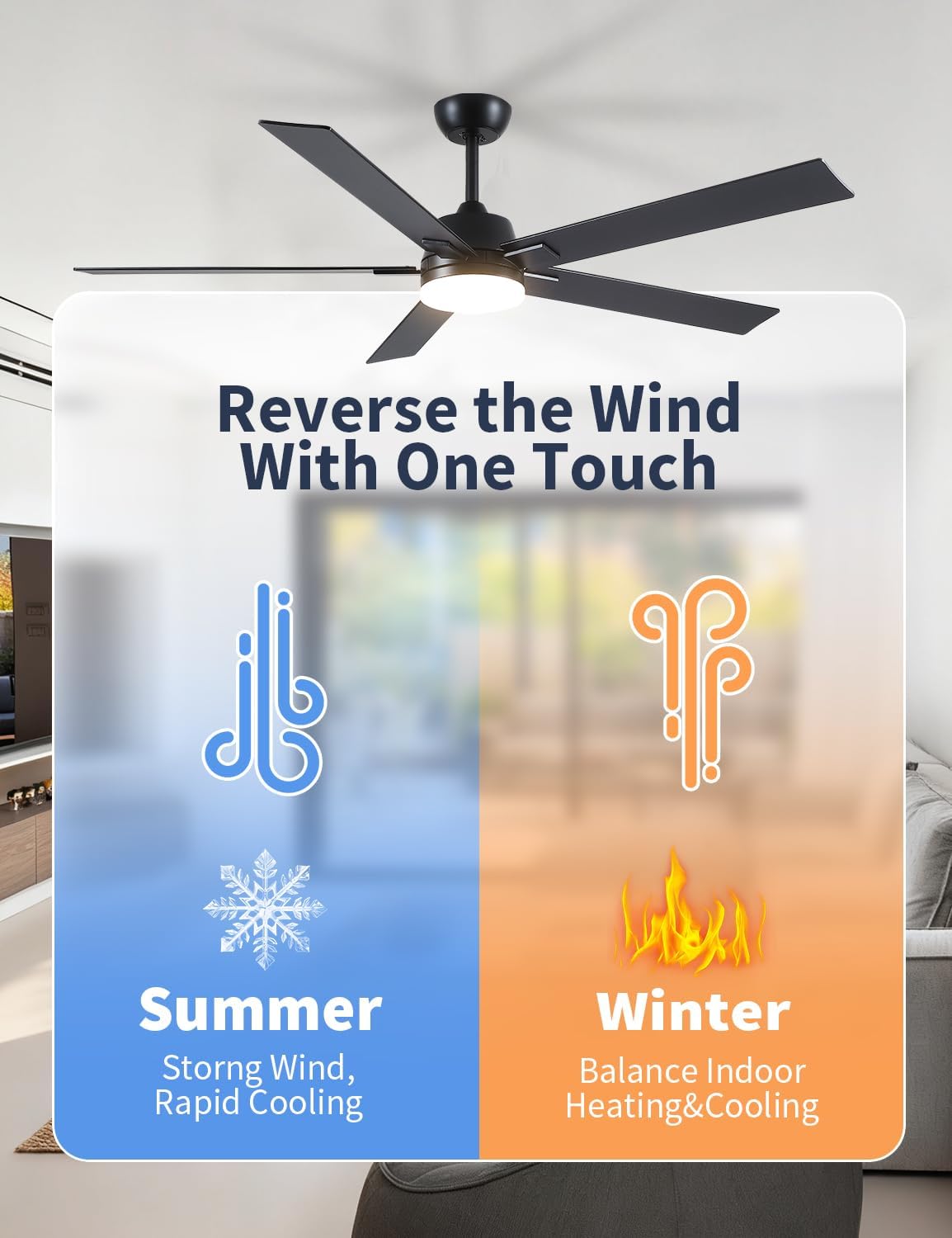 Rayqueen 60 Inch Black Ceiling Fans with Lights and Remote,Includes Downrod | 6 Speed Reversible DC motor,3-color temperature dimmable LED.For indoor/covered outdoor.Modern style for bedroom room