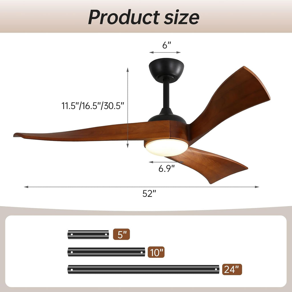 Sofucor 52 inch Ceiling Fans with Lights and Remote, Indoor/Outdoor Ceiling Fan with Light, Quiet DC Reversible, Low Profile Ceiling Fan Light, Solid Wood 3 Blade Ceiling Fans for Bedroom Farmhouse