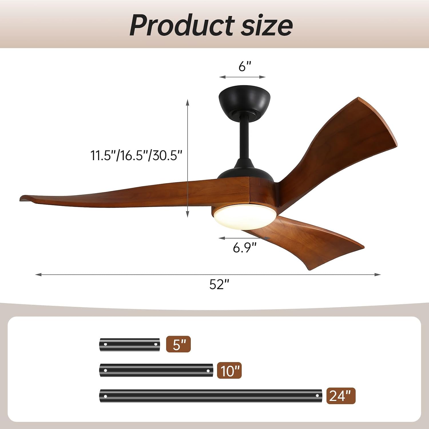 Sofucor 52 inch Ceiling Fans with Lights and Remote, Indoor/Outdoor Ceiling Fan with Light, Quiet DC Reversible, Low Profile Ceiling Fan Light, Solid Wood 3 Blade Ceiling Fans for Bedroom Farmhouse