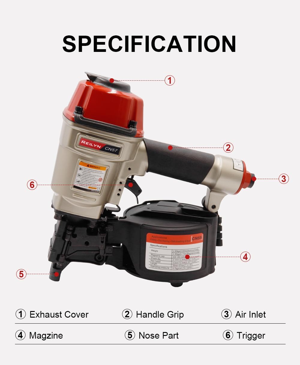 Coil Siding Nailer CN57, 15 Degree Professional Coil Nailer, 1 Inch to 2-1/4 inch Siding Nail Gun, Roofing Nail Gun for Siding Sheathing Fencing Decking Woodworking