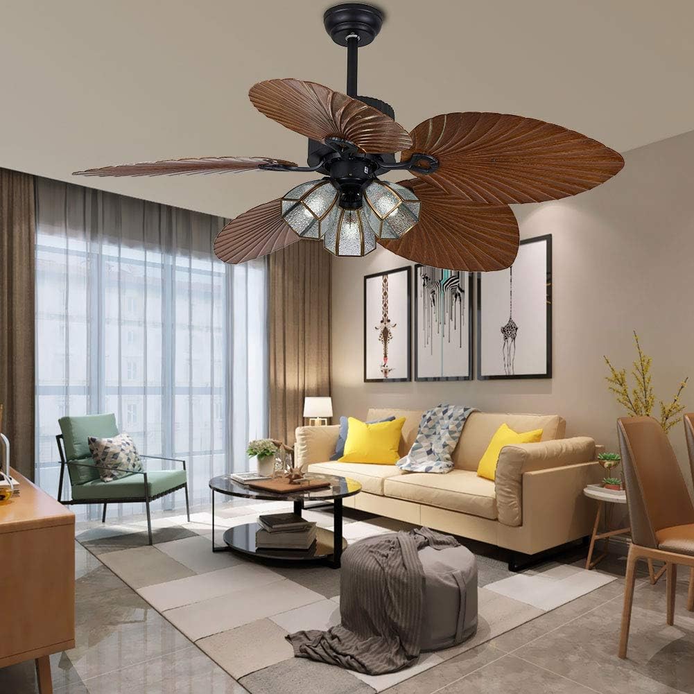 Tropical Ceiling Fan Outdoor Downrod Ceiling Fan with Sunset Bowl Light, Five Hand Carved Wooden Leaf Blades for Dining Bed Room Patio Porch (52Inch, 3Light)