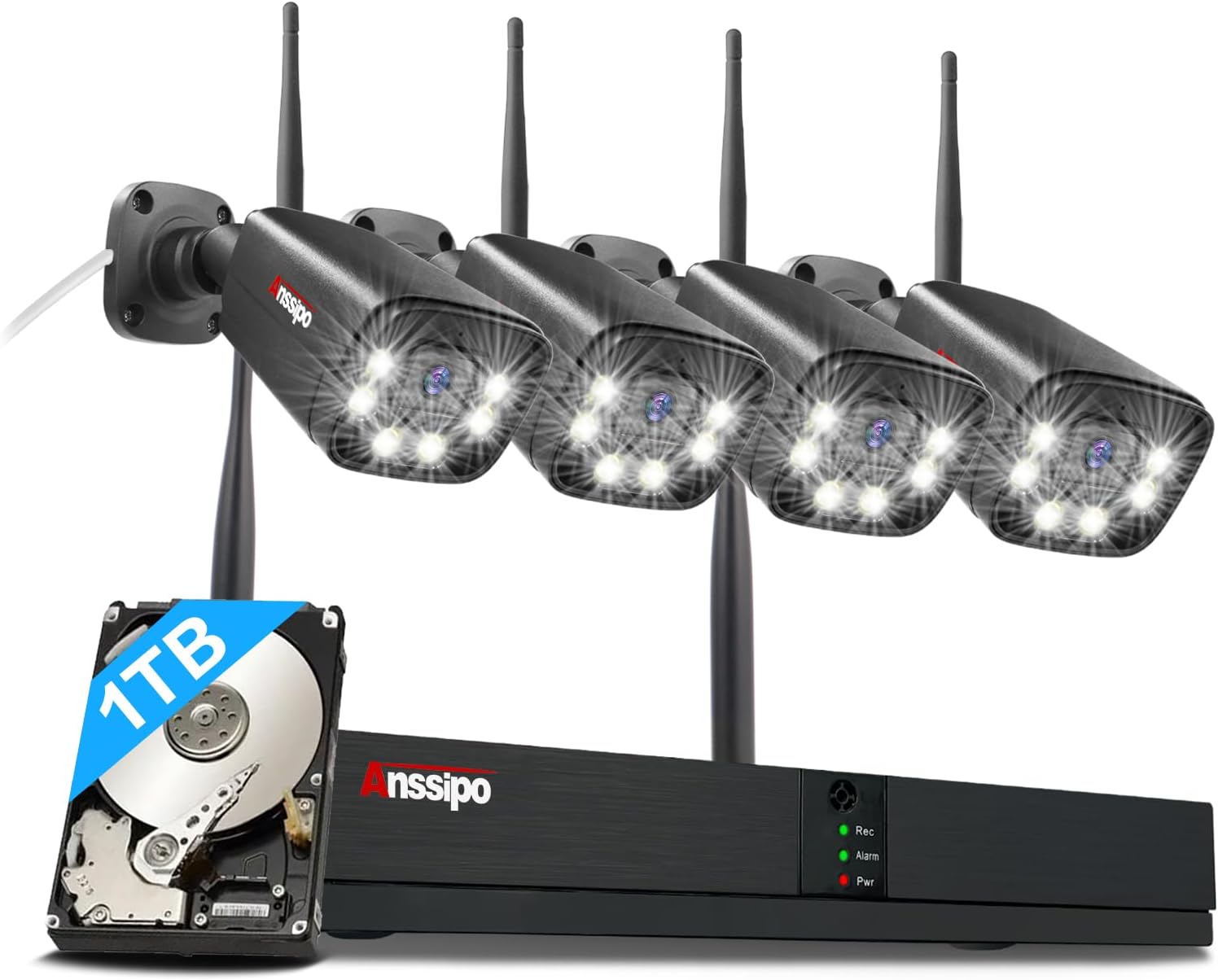 Dual Warning 4K Security Camera System, 4pcs Plug in Surveillance Camera for Outdoor Indoor House 24/7 Recording, AI Detection, Color Night Vision, 2 Way Audio, 8CH WiFi NVR with 1TB HDD