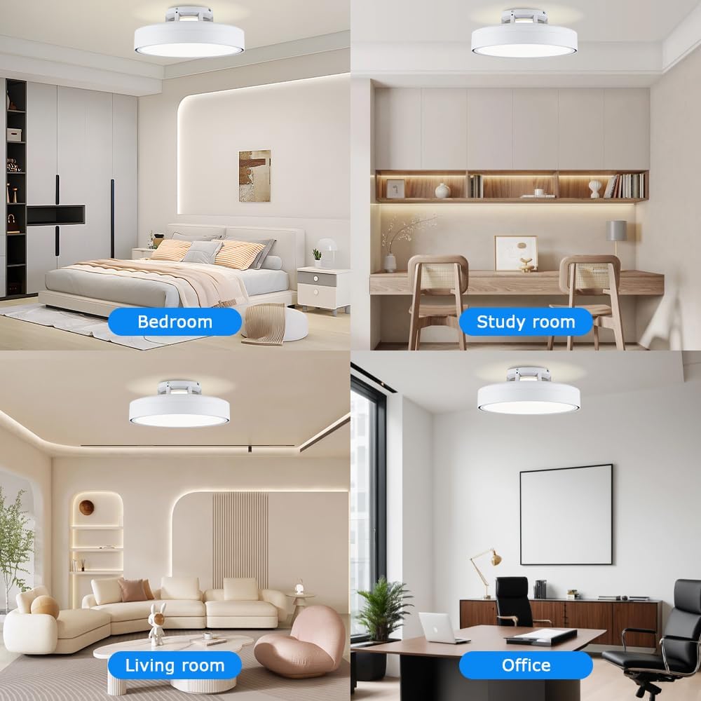 Ceiling Fans with Lights and Remote, Flush Mount Modern Bladeless Ceiling Fan with Light, 6 Speeds, Stepless dimming and CCT 3000K-6000K LED Lights for Bedroom, Study Room (White, 17.7″)