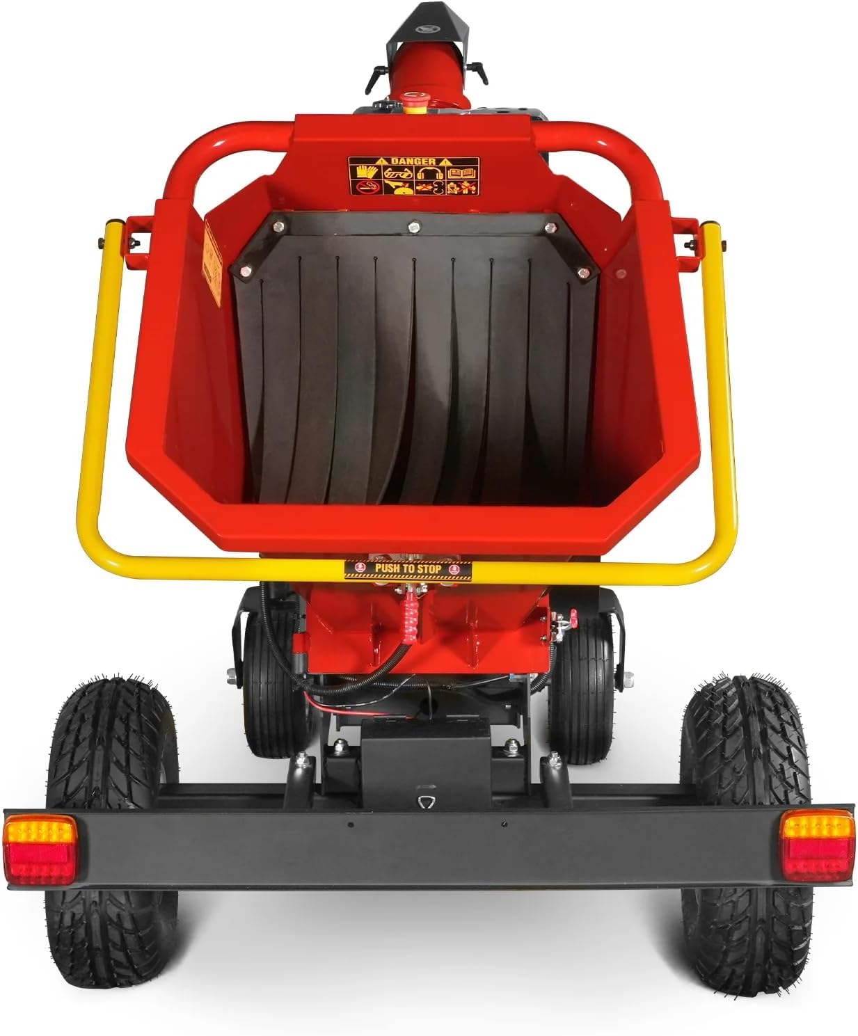 MechMaxx 6'' inch Honda 389cc 11.7HP Electric Start Gasoline Powered Engine 4-Wheels Towable Wood Chipper Shredder Mulcher with Towbar/Tail Light/Emergency Stop Button/Stop Bar, Model B150 Red