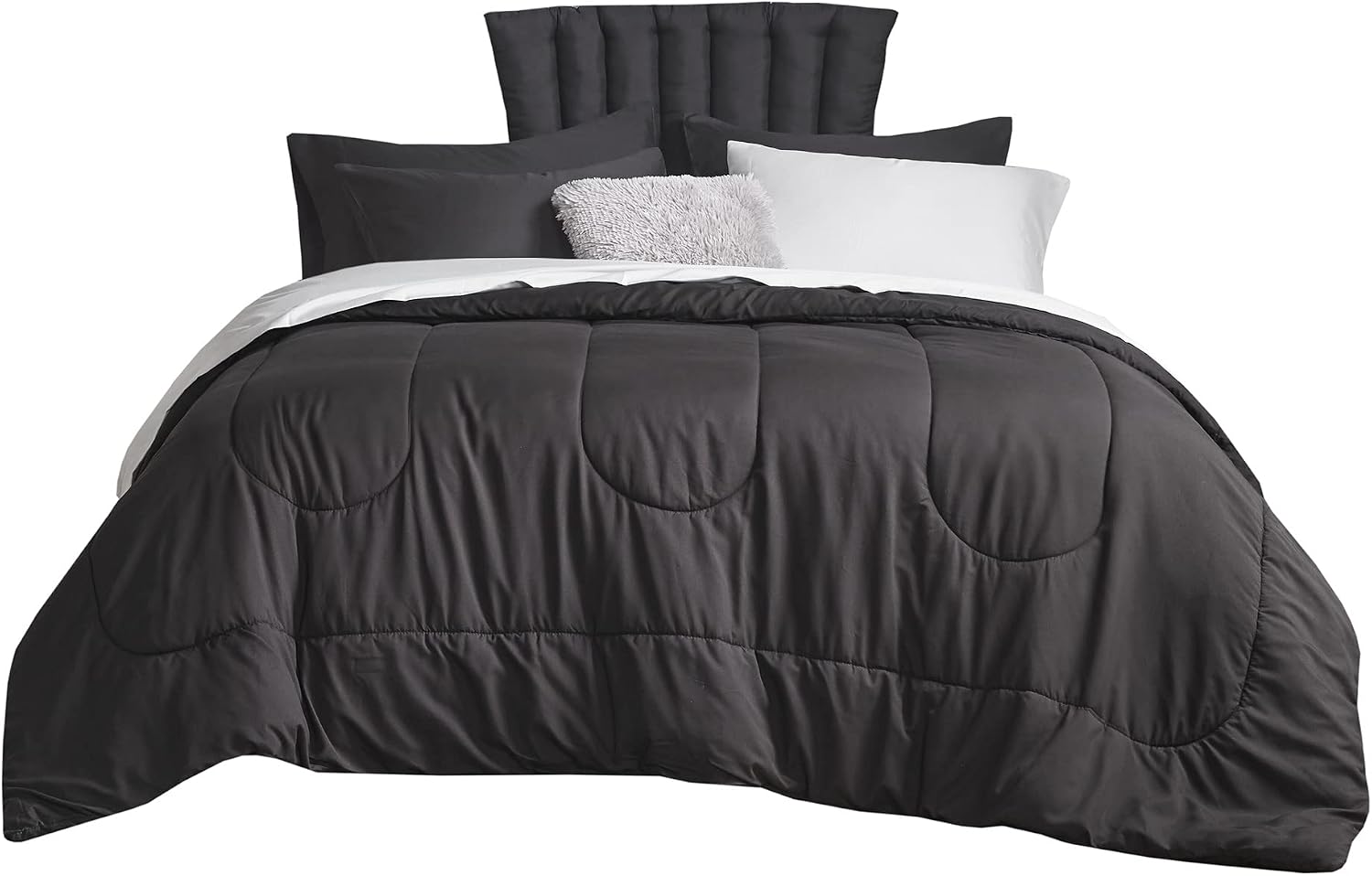 Comfort Spaces 17 Piece Bed in A Bag Comforter Set Include Sheets with 2 Side Pockets - All Season Cozy Bedding and Bedroom Organizer, College Dorm Room Essentials, Queen, Vincent, Black