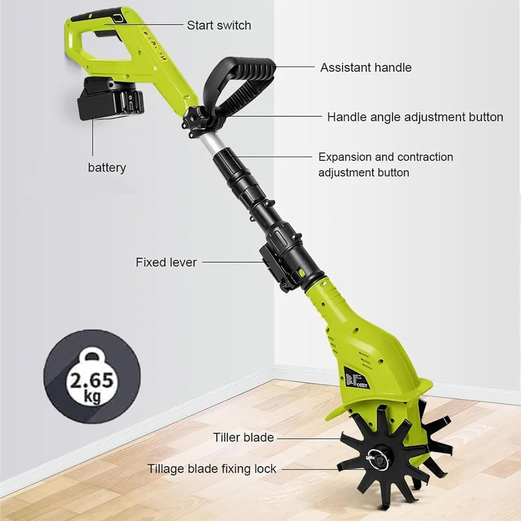 Cultivators Electric Cordless Tiller Cultivator,Electric Garden Rotavator,10cm Tilling Width, 25cm Working Depth,with 2 X 2000mah Battery and Charger