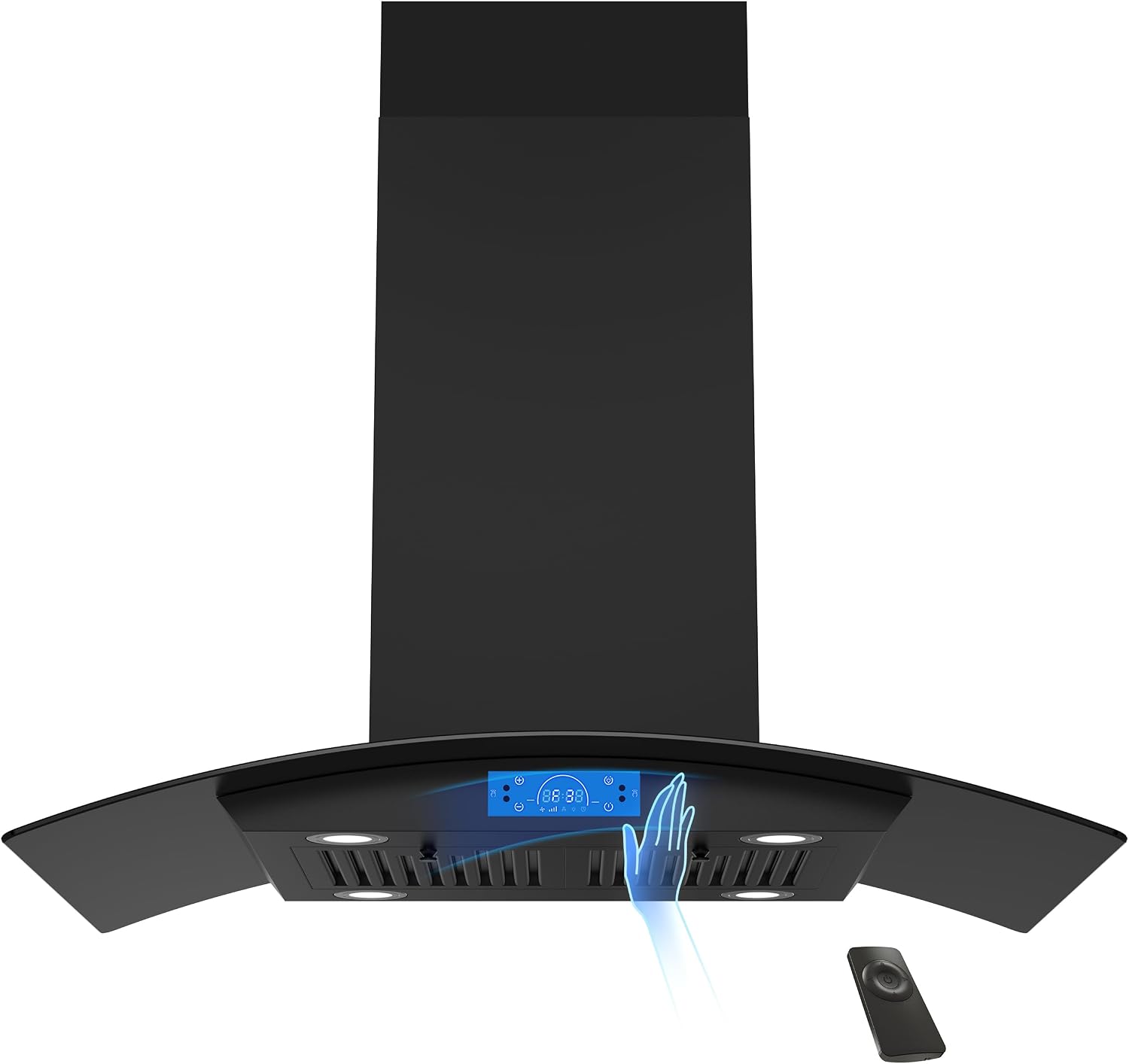 FIREGAS Black Island Range Hood 36 Inch, 700 CFM Ductless/Ducted Ceiling Mount Range Hood with 3 Speed Fan, Gesture, Remote & Touch Control, LED Light Vent Hood for Kitchen