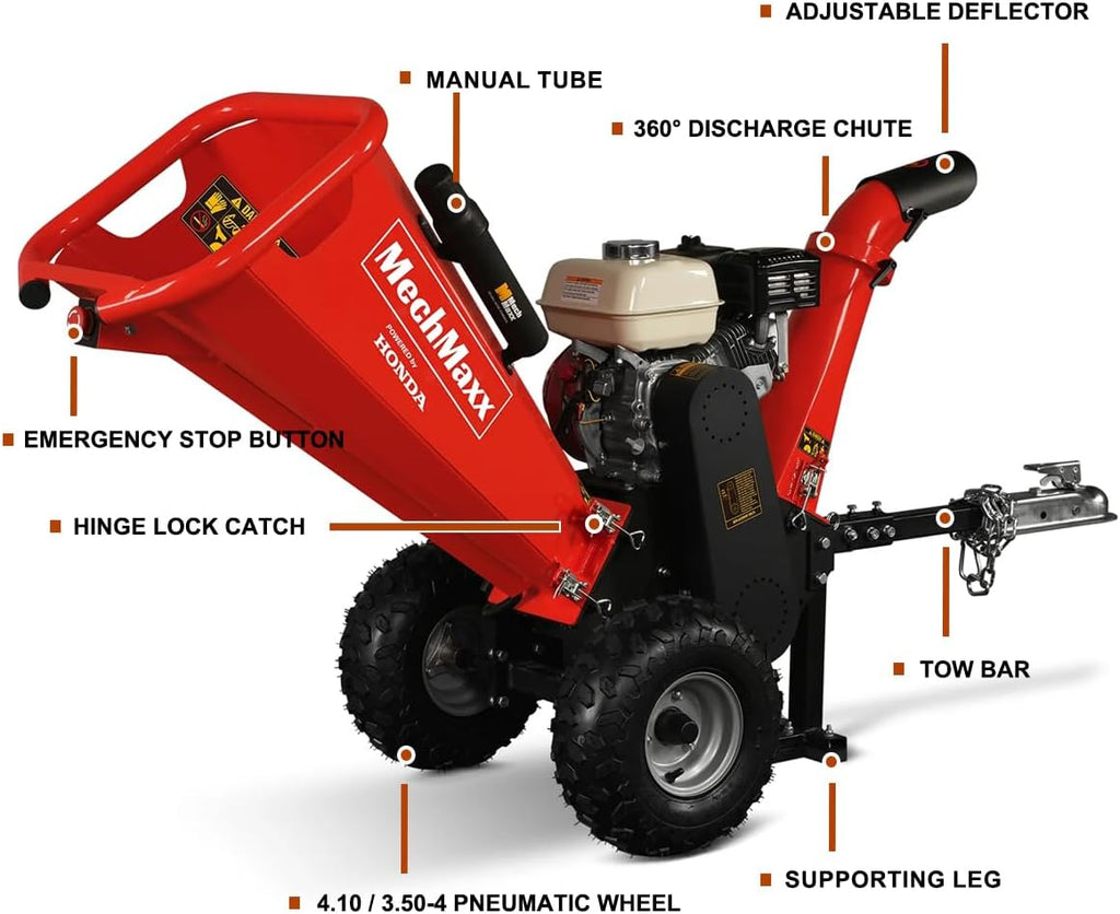 MechMaxx 4'' inch Honda 196cc 6.5HP Gasoline Engine Powered Towable Wood Chipper Shredder with Tow Bar, 4' Max Chipping Diameter Capacity, Emergency Stop Button, Model GS650