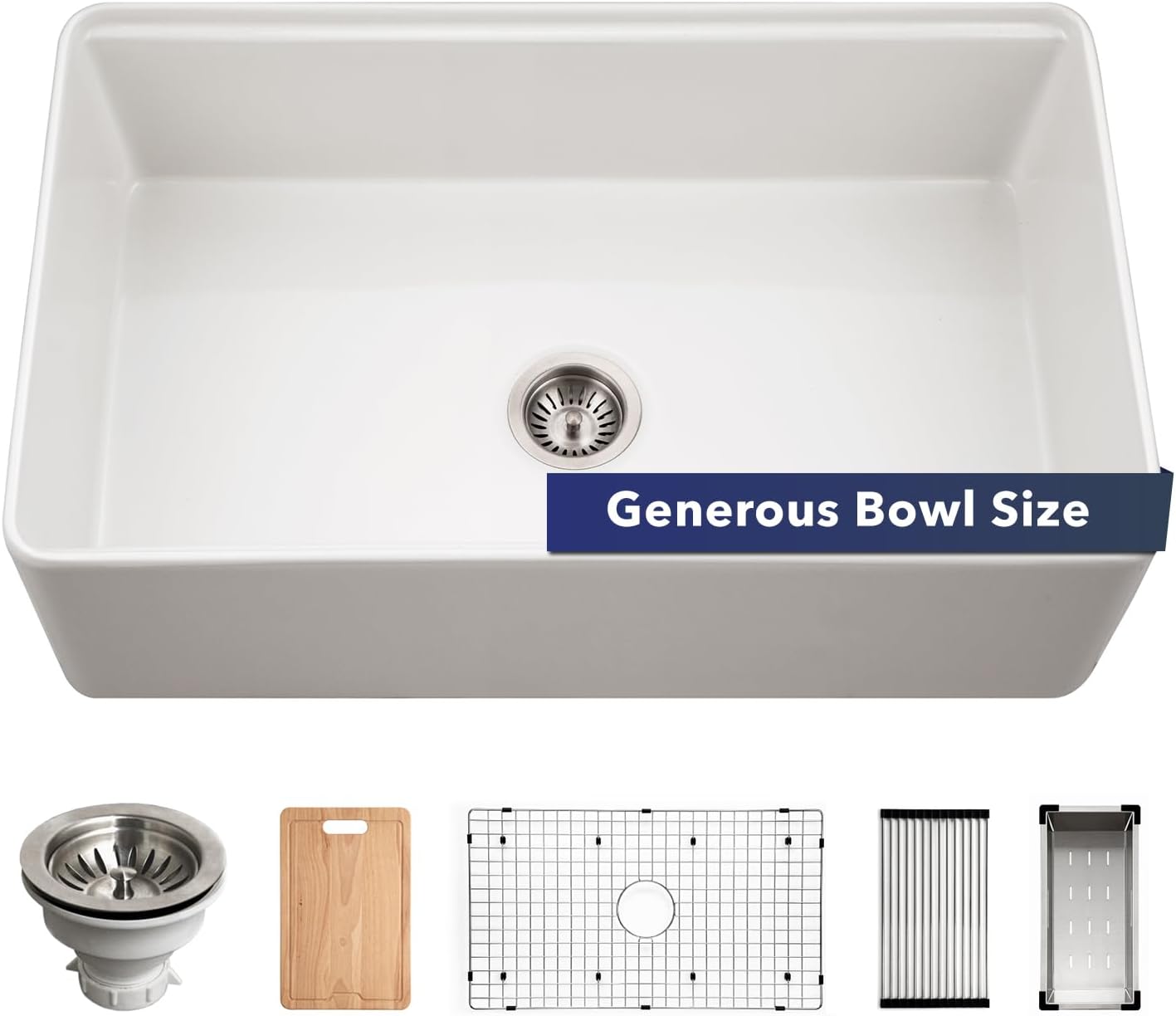 Houzer Aspire White Fireclay Workstation Sink: 33 Inch Farmhouse Apron Front Single Bowl with Accessories, Durable & Versatile, Essential for Home & Apartment: PTW-3320S WH