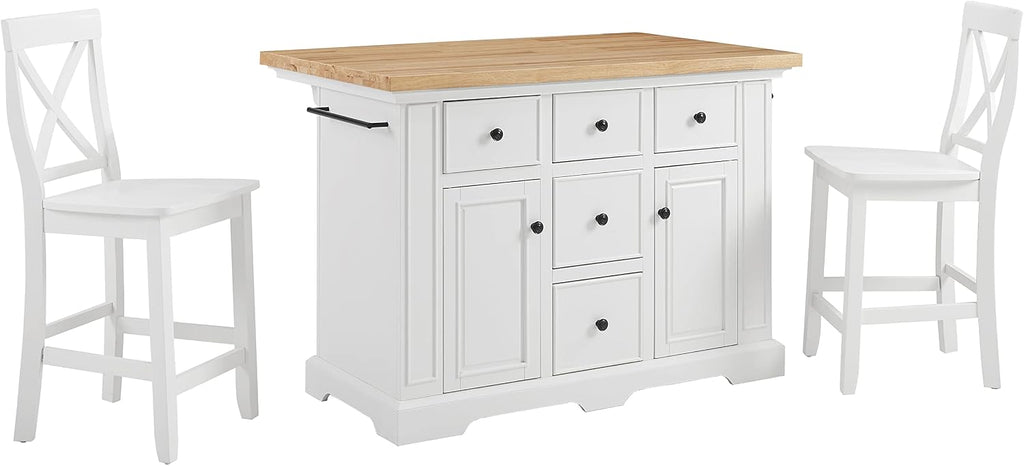 Crosley Furniture Julia Wood Top Island with Storage, Coffee Bar, and a Set of 2 X-Back Stools, White