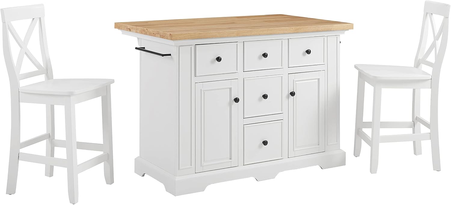 Crosley Furniture Julia Wood Top Island with Storage, Coffee Bar, and a Set of 2 X-Back Stools, White
