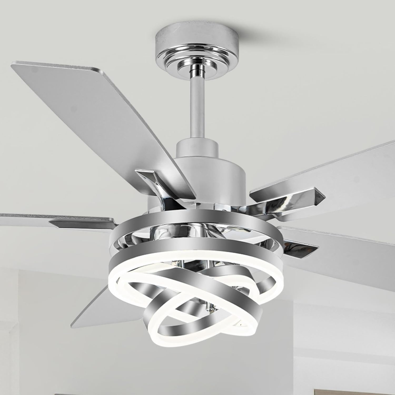 52 Inch Fandelier Ceiling Fan with Lights and Remote Modern Ceiling Fans Silver Chandelier LED Light Quiet Reversible DC Motor Dimmable 3CCT 6 Wind Speeds for Indoor Outdoor Living Room