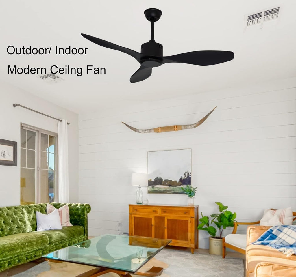 48 inch Ceiling Fan No Lights Remote Control 3 Blades Reversible DC Motor, Modern, Black