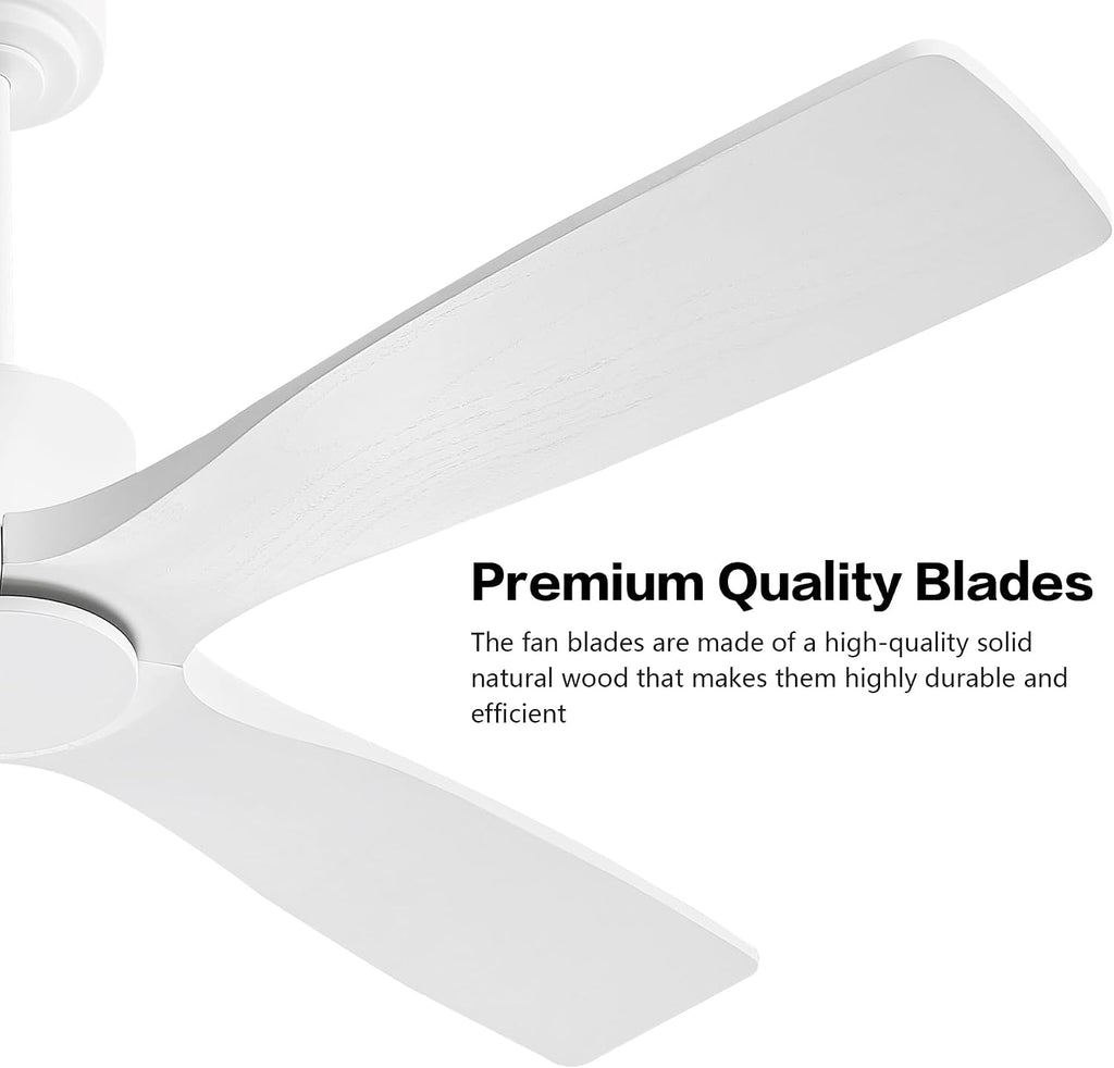 WINGBO 48' DC Ceiling Fan without Lights, 4 Carved Solid Wood Blades, 6-Speed Noiseless Reversible DC Motor, Modern Ceiling Fan No Light with Remote, Gloss White Finish with White Blades, ETL Listed