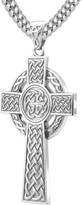 US Jewels Men's 925 Sterling Silver 43mm High Polished Irish Celtic Knot Cross Religious Pendant Necklace, 22in to 26in