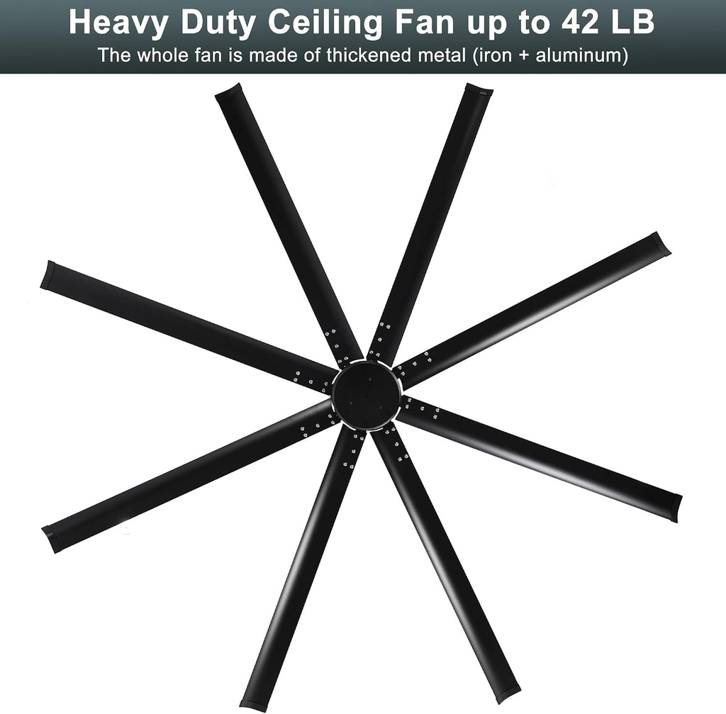 Ohniyou 96'' Industrial Ceiling Fan No Light - High CFM Large Metal Fan with 8 Aluminum Blades, Remote/APP Controlled, DC Motor, for Shop, Warehouse, Gym, Black