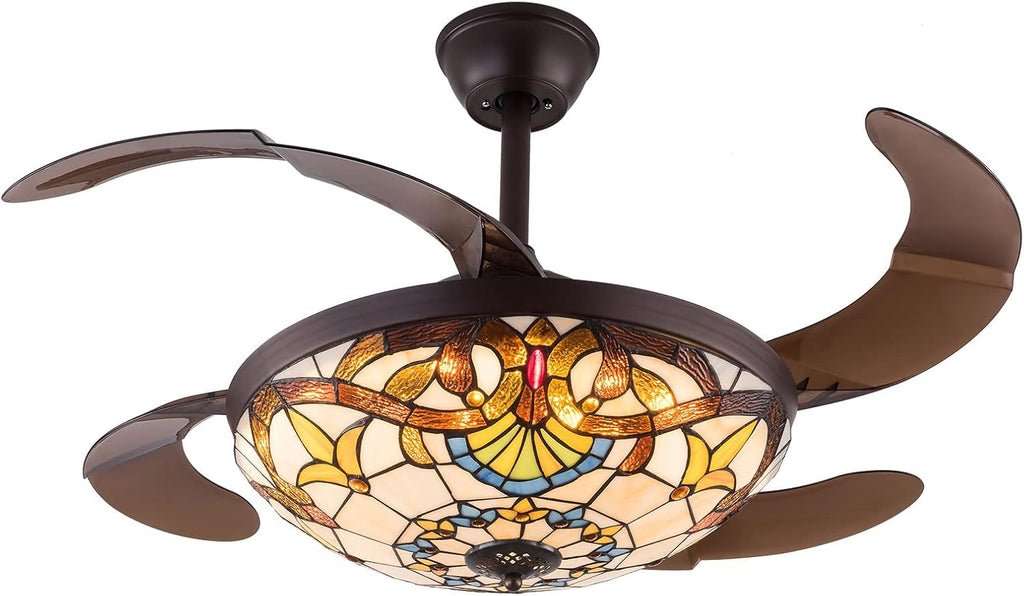Retractable Fan Light, 42' Farm Ceiling Lighting with Remote Control, Led Dimmable Chandelier, Vintage Stained Glass Led Chandelier, Retractable Ceiling Fan for Cafe Bedroom.