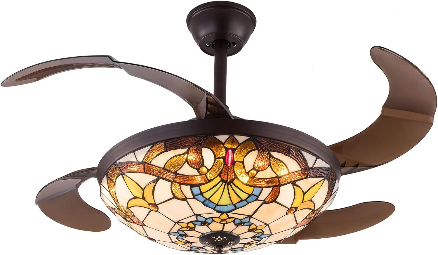 Retractable Fan Light, 42' Farm Ceiling Lighting with Remote Control, Led Dimmable Chandelier, Vintage Stained Glass Led Chandelier, Retractable Ceiling Fan for Cafe Bedroom.