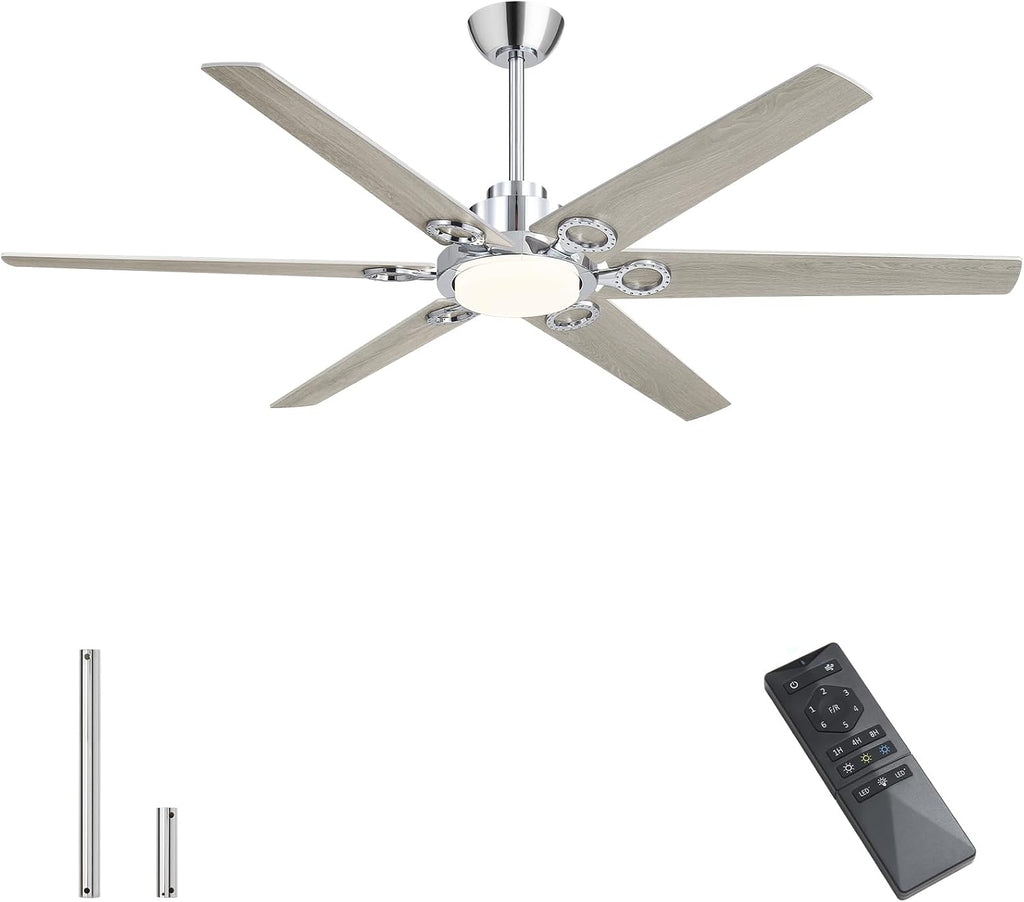 WINGBO Ceiling Fan with Lights - 64 inch Ceiling Fan with Remote,3CCT, Dimmable Light,6 Blades Modern Ceiling Fan, 6-Speed Noiseless Powerful DC Motor, ETL Listed, Indoor/Outdoor, Chromium + Grey