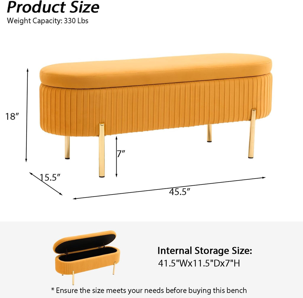 Velvet Storage Bench for Bedroom Upholstered End of Bed Bench Modern Ottoman with Gold Legs for Living Room/WindowEntryway (Mustard Yellow, Oval-45.5' W)