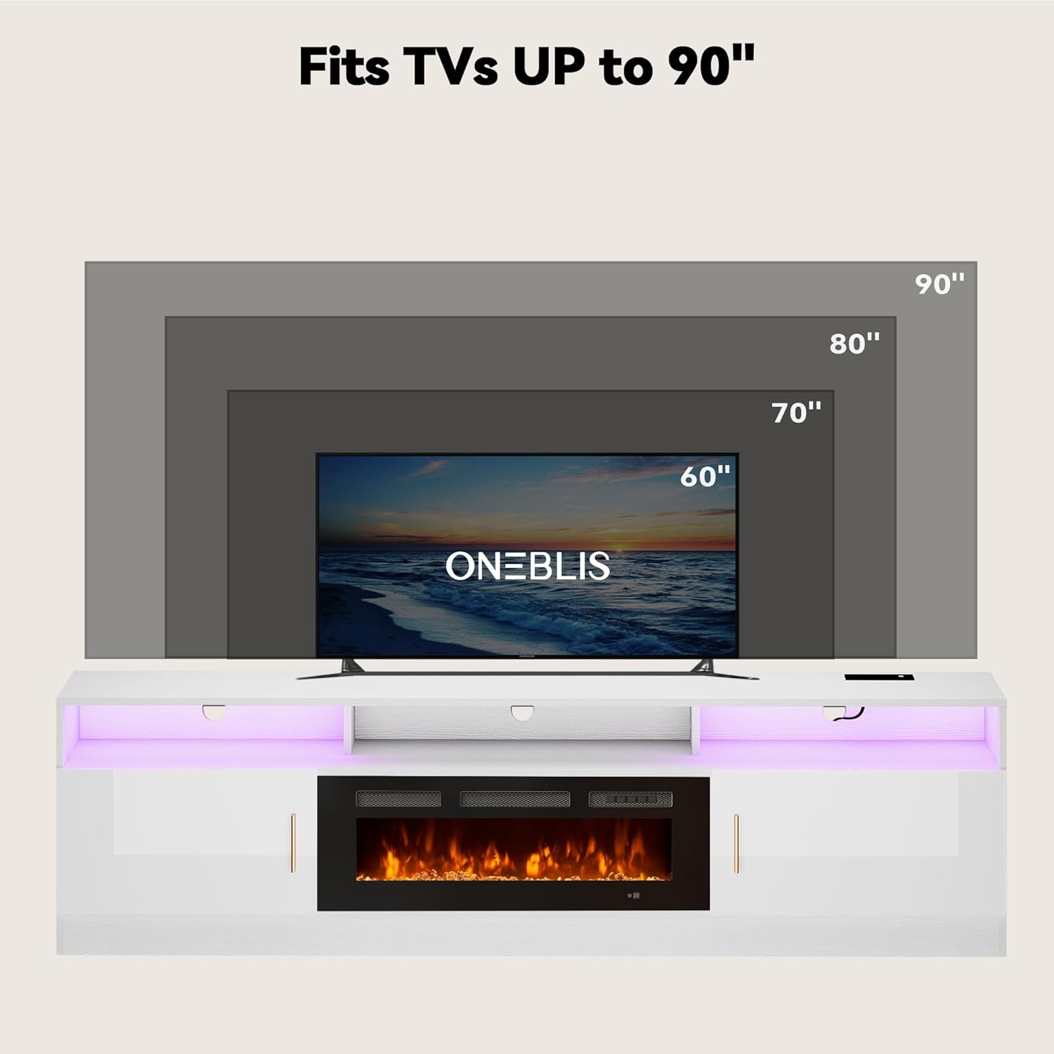 80' Fireplace TV Stand with Power Outlet, Electric Fireplace Entertainment Center with Storage Cabinets, Fits TVs up to 90', TV Console with LED Lights for Living Room, Office, White-Black