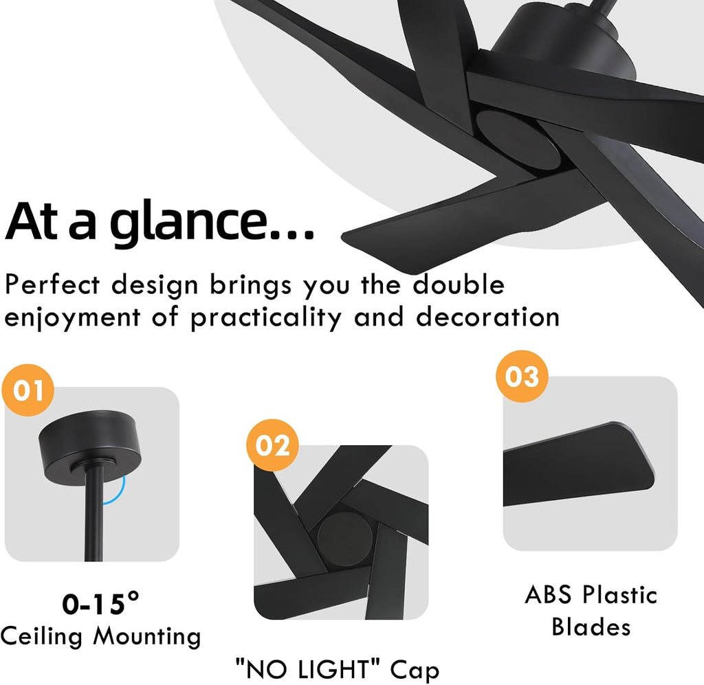 WINGBO 54' ABS DC Ceiling Fan No Light, 5 Blade ABS Plastic Ceiling Fan with Remote, 6-Speed Reversible DC Motor, Ceiling Fans without Light for Kitchen Bedroom Living Room, Matte Black