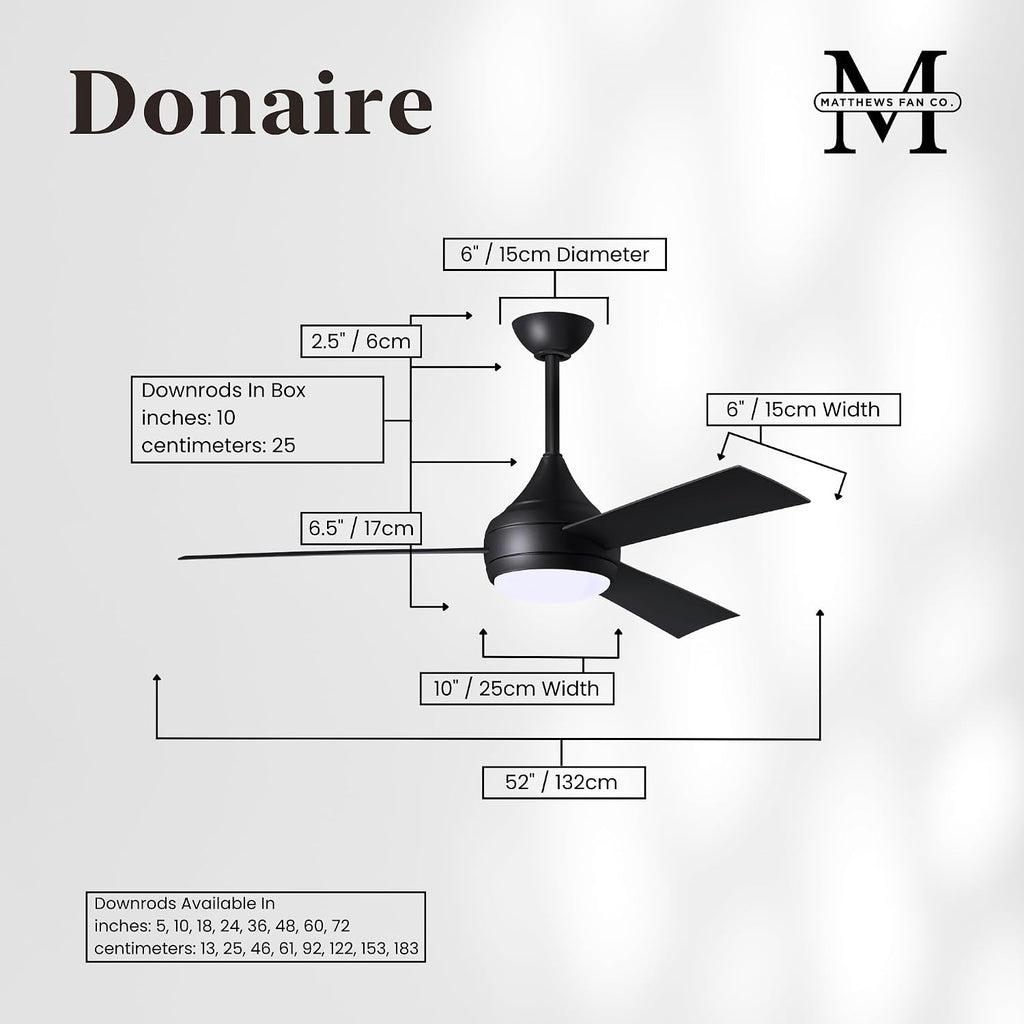 Matthews DA-BK-BK Donaire Outdoor Wet/Salt Water Rated 52' Marine-Grade Coastal Ceiling Fan with LED Light & Remote, Matte Black