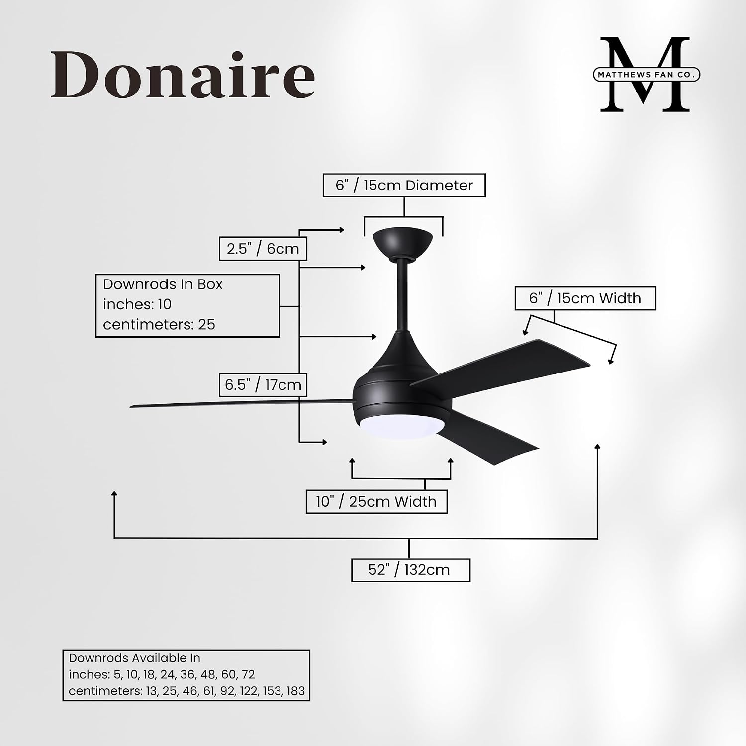 Matthews DA-BK-BK Donaire Outdoor Wet/Salt Water Rated 52' Marine-Grade Coastal Ceiling Fan with LED Light & Remote, Matte Black