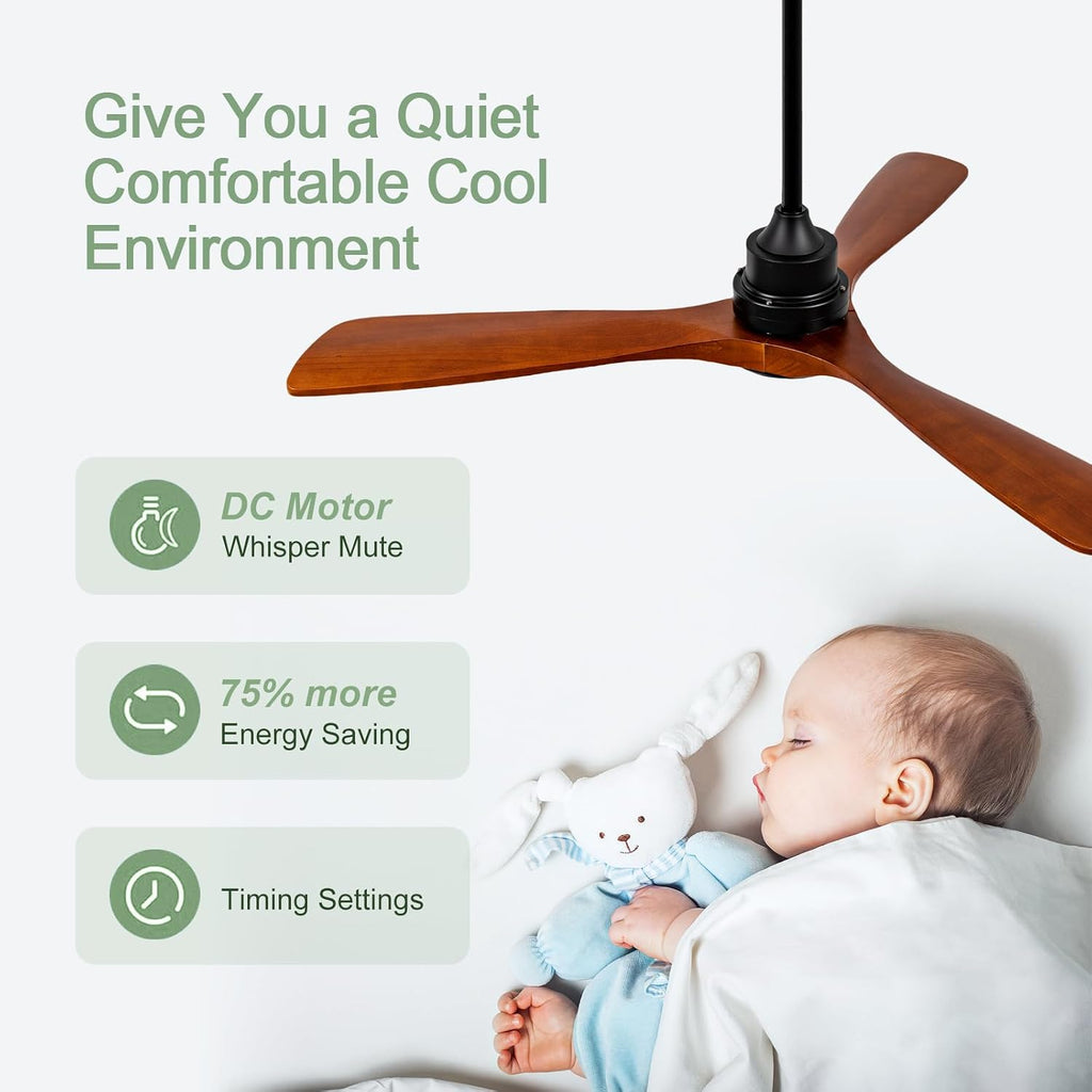 ZVL 60 Inch Ceiling Fans with Lights and Remote Control, Solid Wood Blades, 6 Speed Reversible DC Motor, Dimmable, Timer, Indoor Outdoor Ceiling Fan for Bedroom Living Room Patios