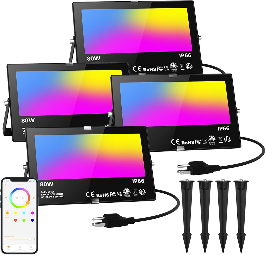 LED Flood Light Outdoor 800W Equivalent 8000LM, Smart RGB Color Changing Landscape Lighting with APP Control, IP66 Waterproof Outdoor LED Lights Daylight 5700K, DIY Scenes, Timing Floodlights, 4 Pack