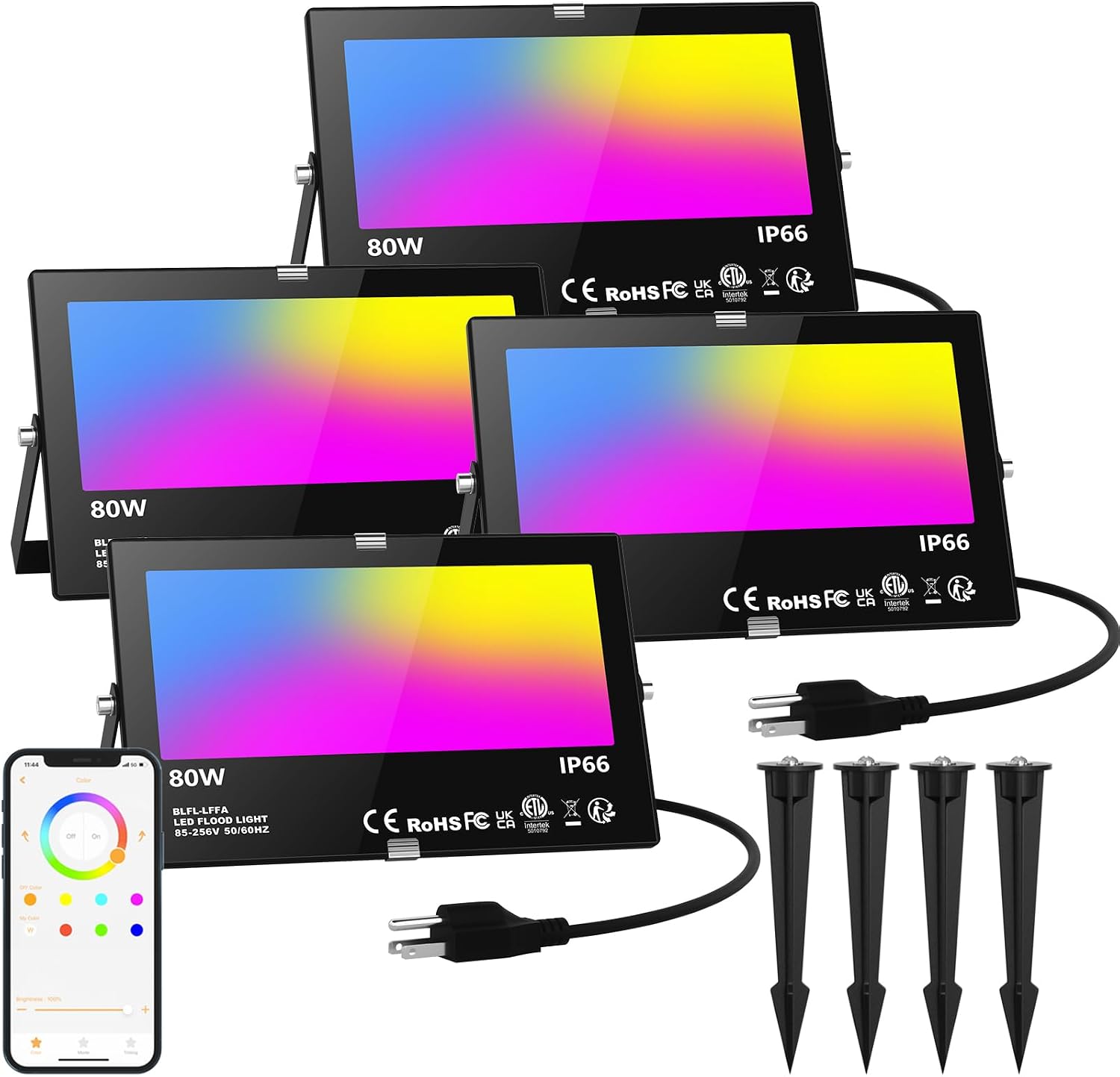 LED Flood Light Outdoor 800W Equivalent 8000LM, Smart RGB Color Changing Landscape Lighting with APP Control, IP66 Waterproof Outdoor LED Lights Daylight 5700K, DIY Scenes, Timing Floodlights, 4 Pack